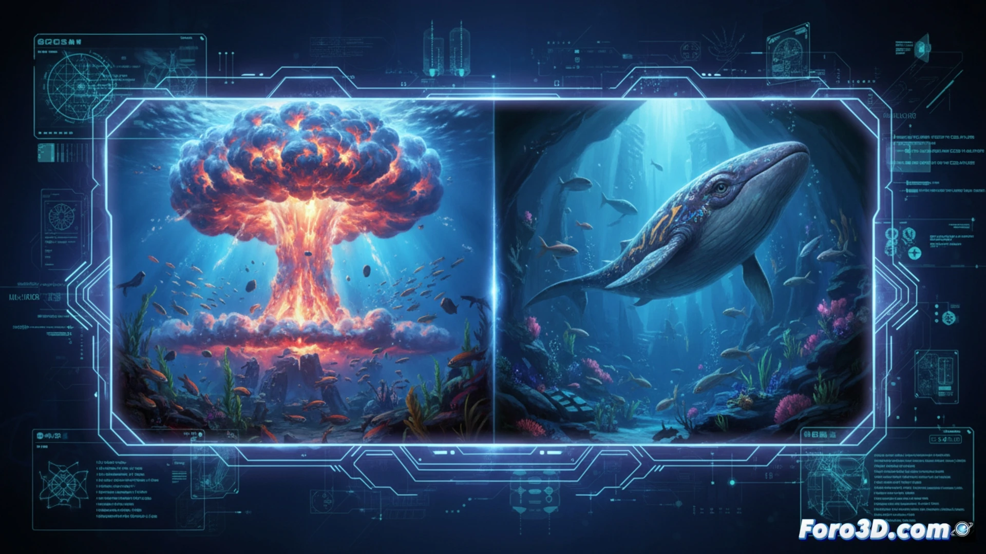 Underwater explosion simulation interface, massive blue-white blast bubble expanding through dark ocean water, digital particle trails showing pressure waves, character model of Pahi floating mid-frame with translucent skin and glowing veins, technical visualization tools overlay showing wireframe mesh and fluid dynamics data, Wētā FX workstation visible in background with dual monitors displaying timeline and node-based compositing, cinematic engineering visualization, photorealistic water caustics, dramatic backlighting from explosion, high-contrast industrial lighting, ultra-detailed fluid simulation particles, technical annotation lines tracing energy dispersion