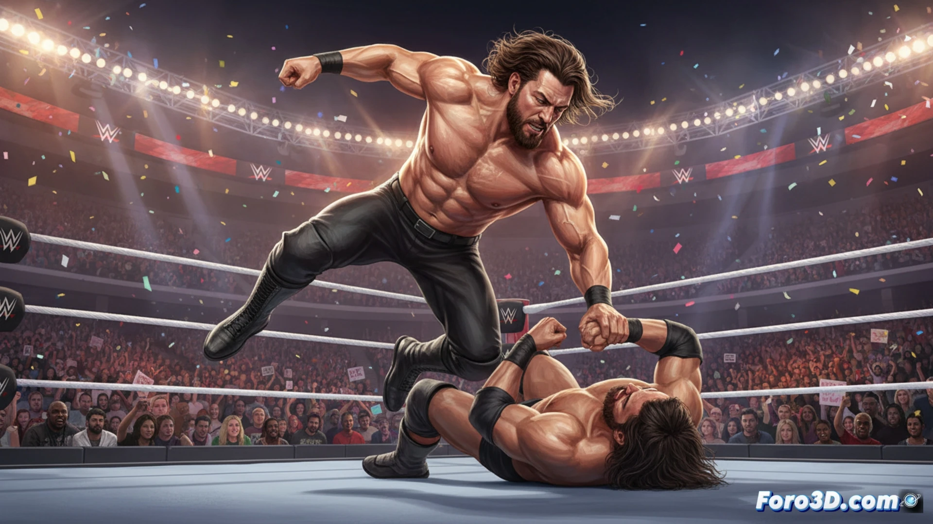 Dos luchadores fotorrealistas chocan en el ring; sudor y arrugas brillan bajo la iluminación volumétrica, mientras un árbitro ausente deja el gameplay en la esquina.