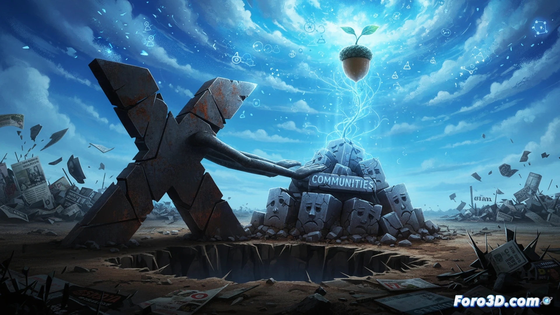 Ilustracion: logo de X apagado junto a una bellota verde que brota en un fondo azul de Bluesky, simbolizando el cierre de Communities y el nacimiento de Acorn.