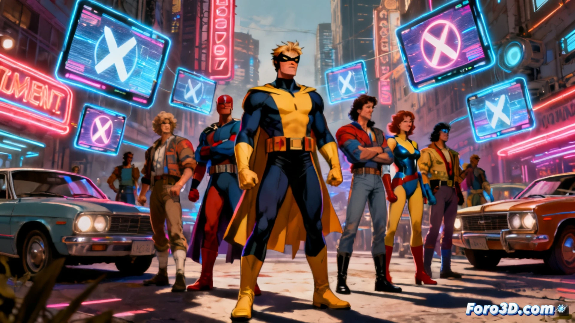 mutant superhero team time-traveling through a glowing temporal portal, 90s era futuristic city skyline visible behind them, circuit board patterns and holographic interface fragments floating in the air, streaming platform server rack hardware in the background with blinking LED indicators, cinematic animation style with cel-shaded outlines, dramatic blue and orange lighting, action poses showing characters mid-stride while energy particles swirl around them, retro CRT monitor display effect overlay, nostalgic comic book aesthetic combined with modern digital rendering, ultra-detailed character costumes with visible stitching and texture, motion blur on limbs during combat stance, photorealistic technical render