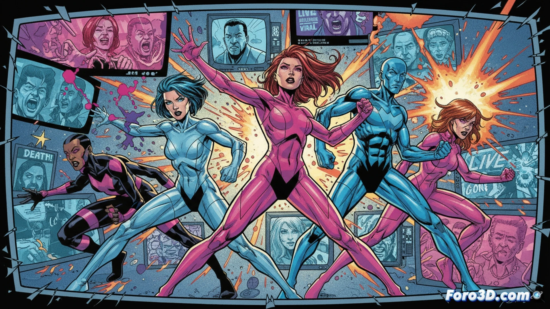 Portada de X-Statix con colores planos y personajes mutantes en pose pop-art, estilo Mike Allred.