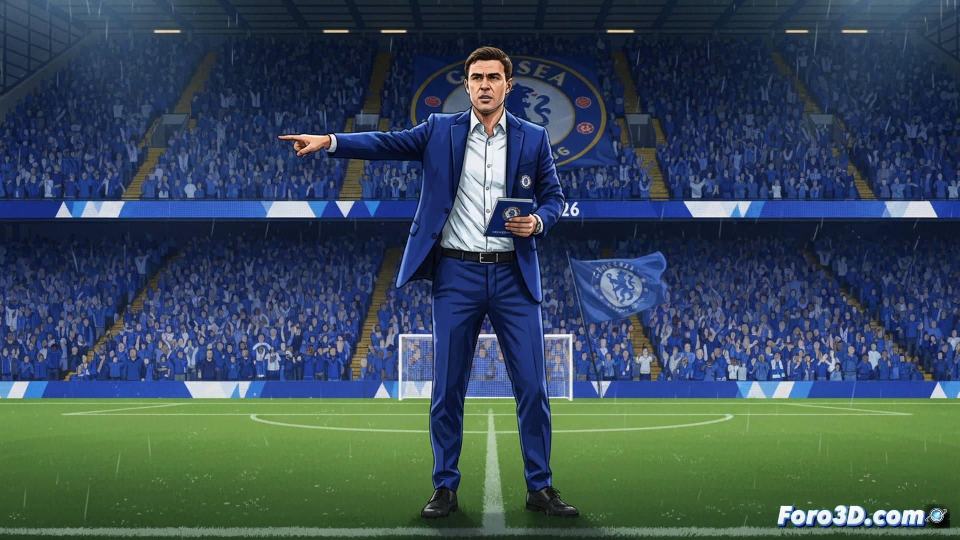 Xabi Alonso, con traje azul del Chelsea, sonríe sosteniendo una bufanda del club en Stamford Bridge.