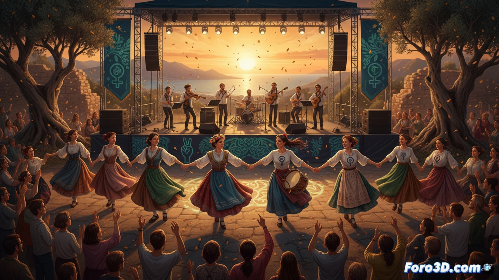 Mujeres bailan con trajes tradicionales en el Tossal, bajo el sol primaveral, fusionando folclore y feminismo en Xàbia Folk.