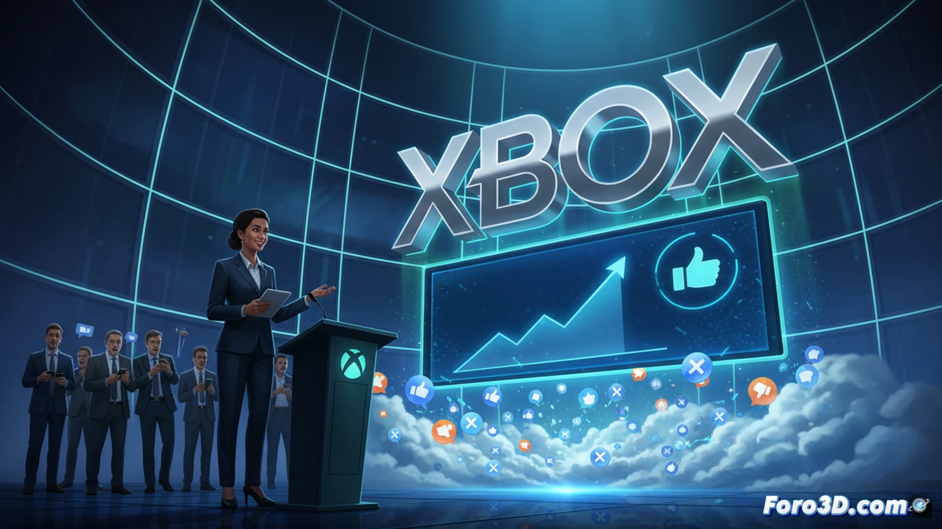 modern minimalist control room, large curved display showing a viral poll result on X platform with green checkmark, Xbox Series X console being physically rebranded with new XBOX logo sticker, a gloved hand applying the label during the process, metallic green casing reflecting studio lights, technical illustration style, clean corporate aesthetic, precise mechanical action, subtle motion blur on the console fan, realistic plastic textures, soft diffused overhead lighting, photorealistic product visualization