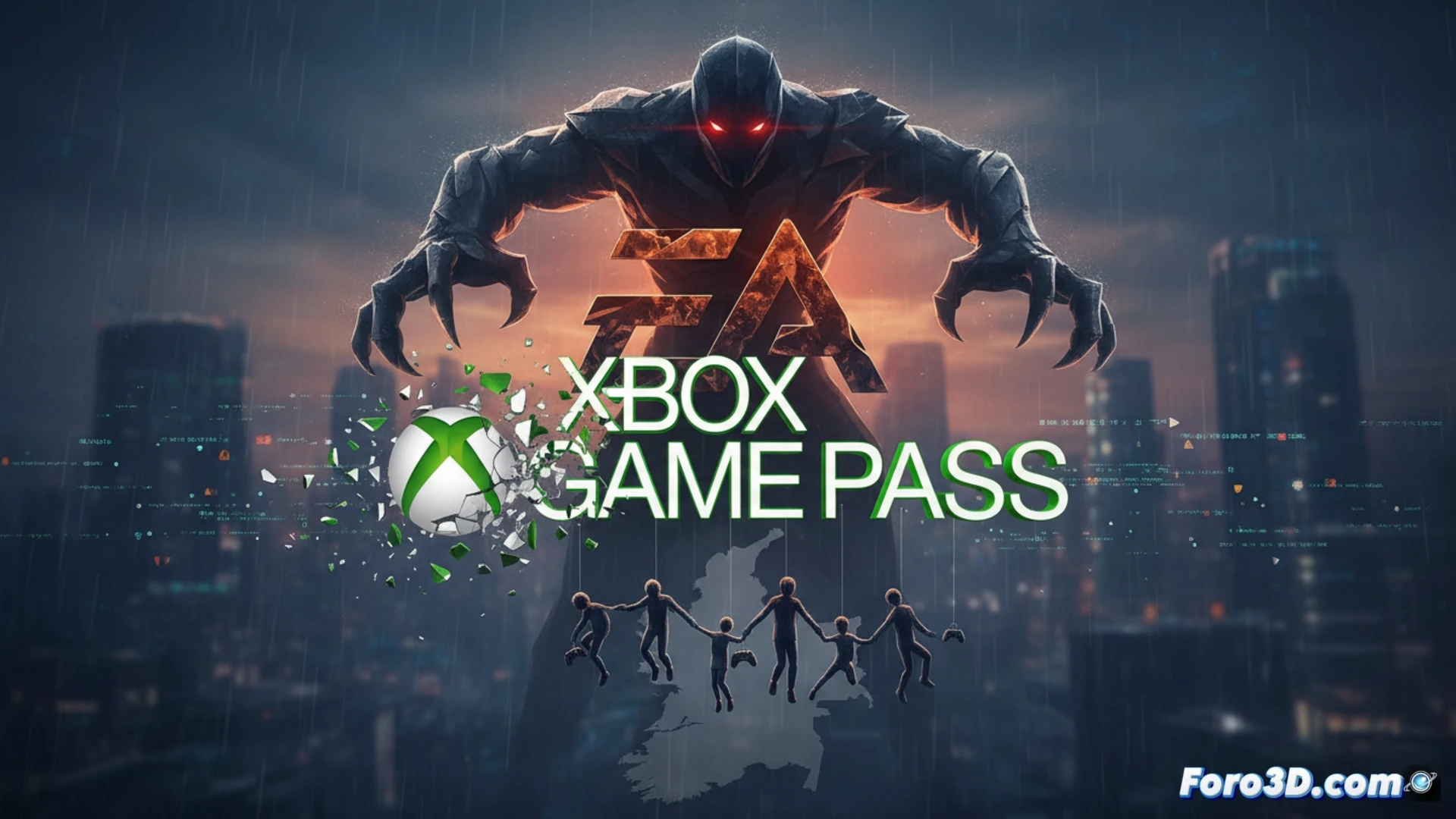 Xbox Series S console connected to a family living room TV, Game Pass subscription interface on screen showing five user profiles being greyed out and removed one by one, Electronic Arts logo shadow looming over the console, red warning pop-up window on the monitor indicating cancellation, controller on the coffee table with disconnected wireless signal, cinematic engineering visualization, dramatic side lighting casting long shadows over the gaming setup, realistic plastic textures and LED glow, photorealistic technical render, tense atmosphere during the removal process
