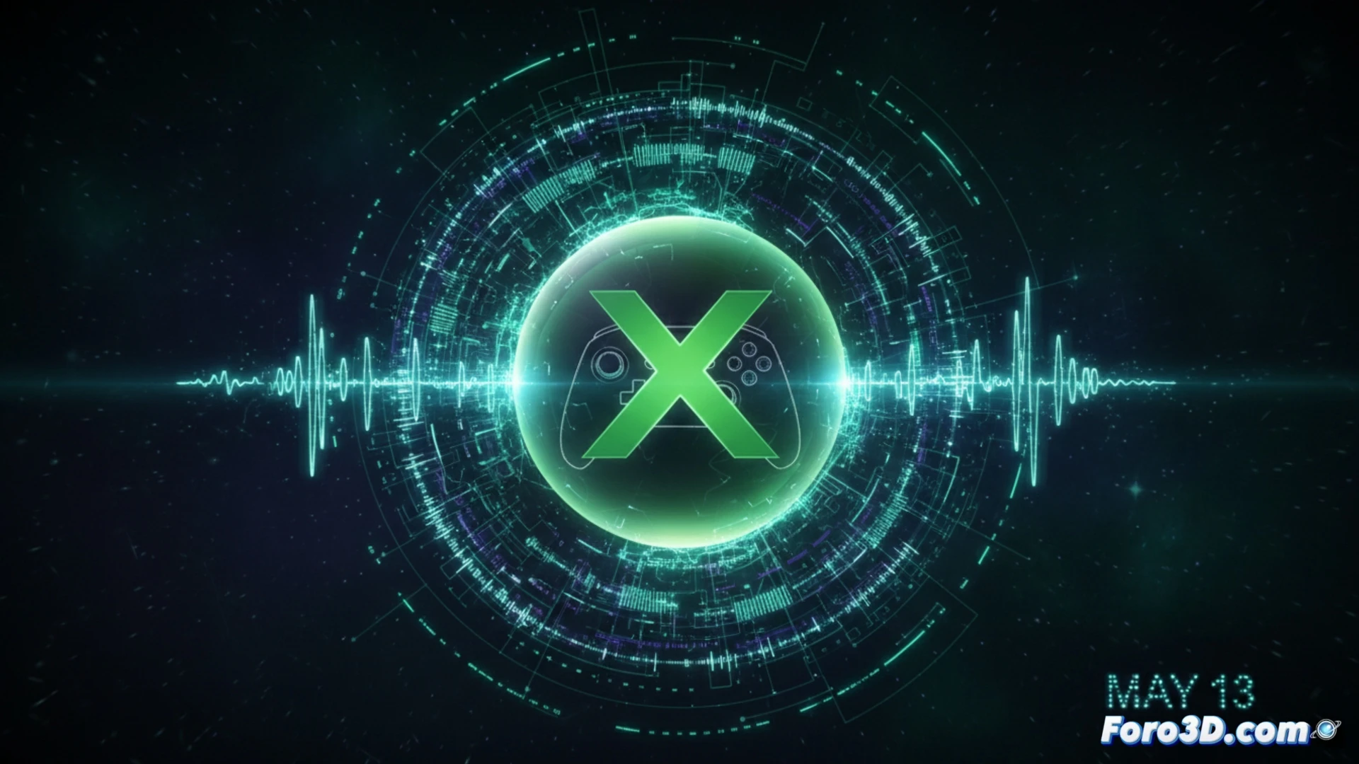 Animación nocturna de una consola Xbox mostrando el nuevo logo verde brillante al encenderse con sonido renovado.
