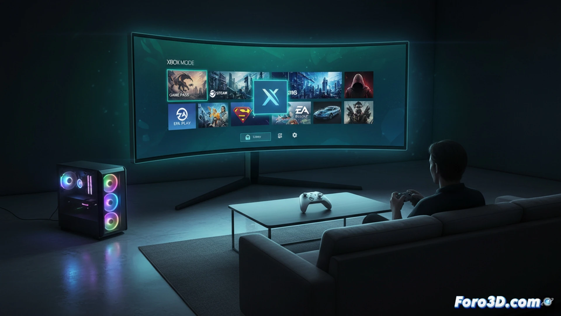Un monitor de PC con Windows 11 muestra la interfaz unificada del modo Xbox, agrupando juegos de Game Pass, Steam y Epic con un mando al centro.