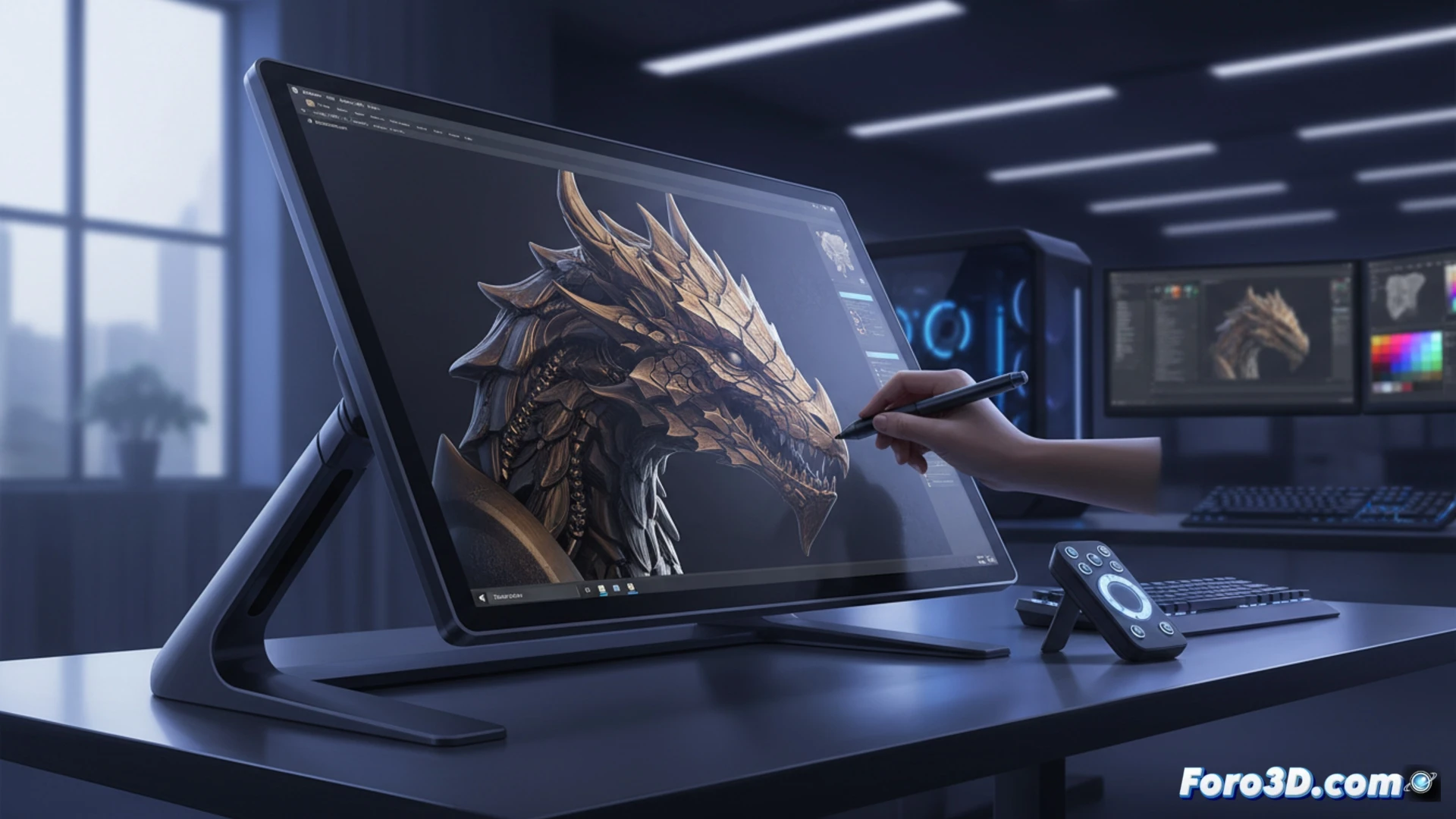 professional 3D artist sculpting a digital creature on Xencelabs Pen Display 24, stylus tip touching anti-glare glass surface, real-time 4K viewport showing high-poly organic model with wireframe overlay, left hand using keyboard shortcuts, right hand drawing fine muscle details, desk setup with reference monitor and ergonomic arm, studio lighting with soft blue ambient glow, cinematic technical illustration, photorealistic materials, subtle screen reflections on etched glass, deep shadows emphasizing contrast, ultra-sharp focus on stylus and screen interaction, clean modern workspace, engineering visualization style