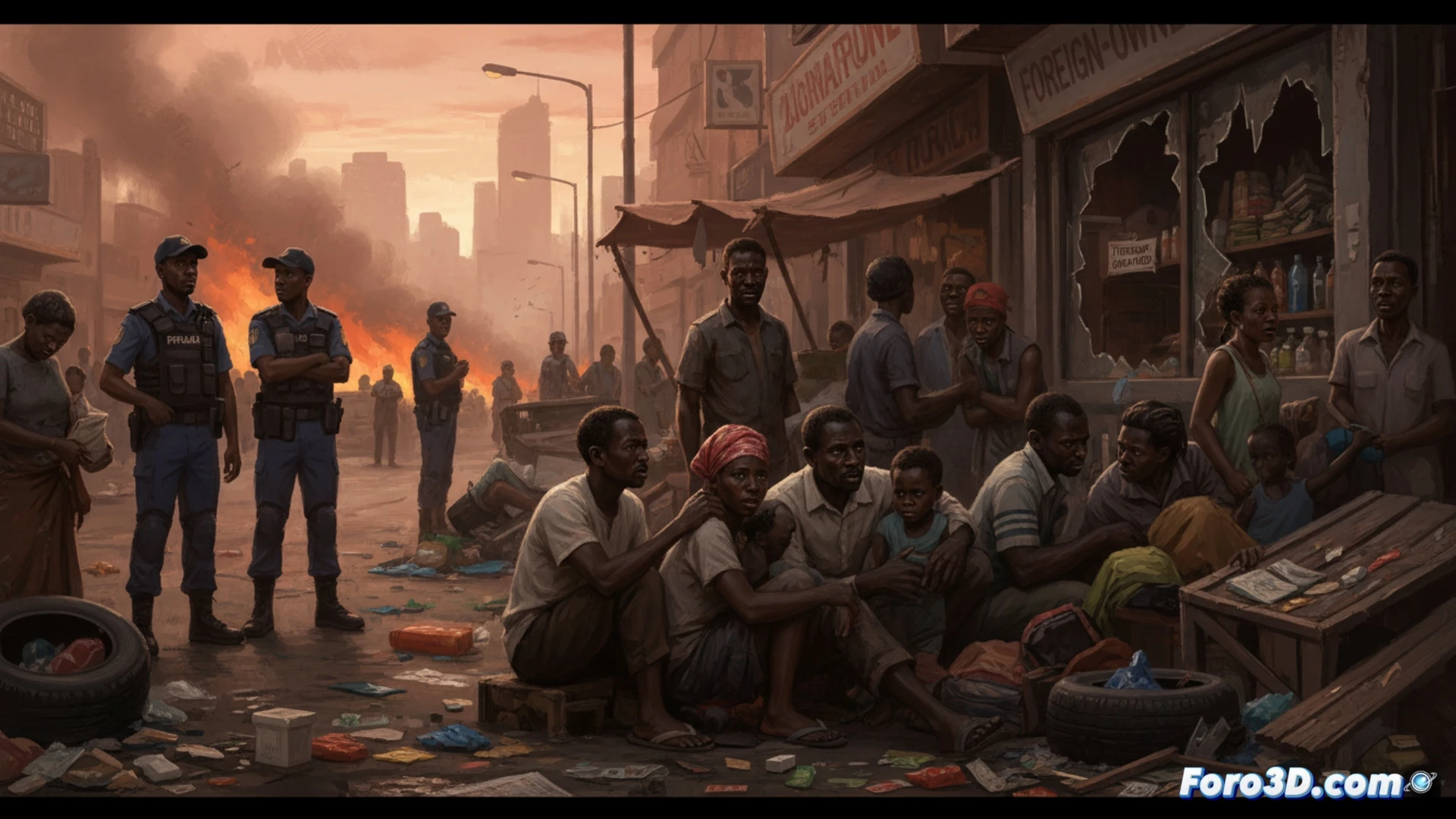 crowd of migrants fleeing through smoke-filled street in Johannesburg township, burning tires and overturned metal barricades blocking road, men in tattered work boots running while clutching plastic bags and torn backpacks, shattered shop windows with broken steel security gates, scattered debris from looted market stalls, police armored vehicle with flashing blue lights in background, cinematic photorealistic style, dramatic dust haze, harsh midday sunlight casting long shadows, high-angle wide shot capturing chaos and desperation, ultra-detailed textures of concrete and corrugated iron, motion blur on fleeing figures, tense documentary aesthetic