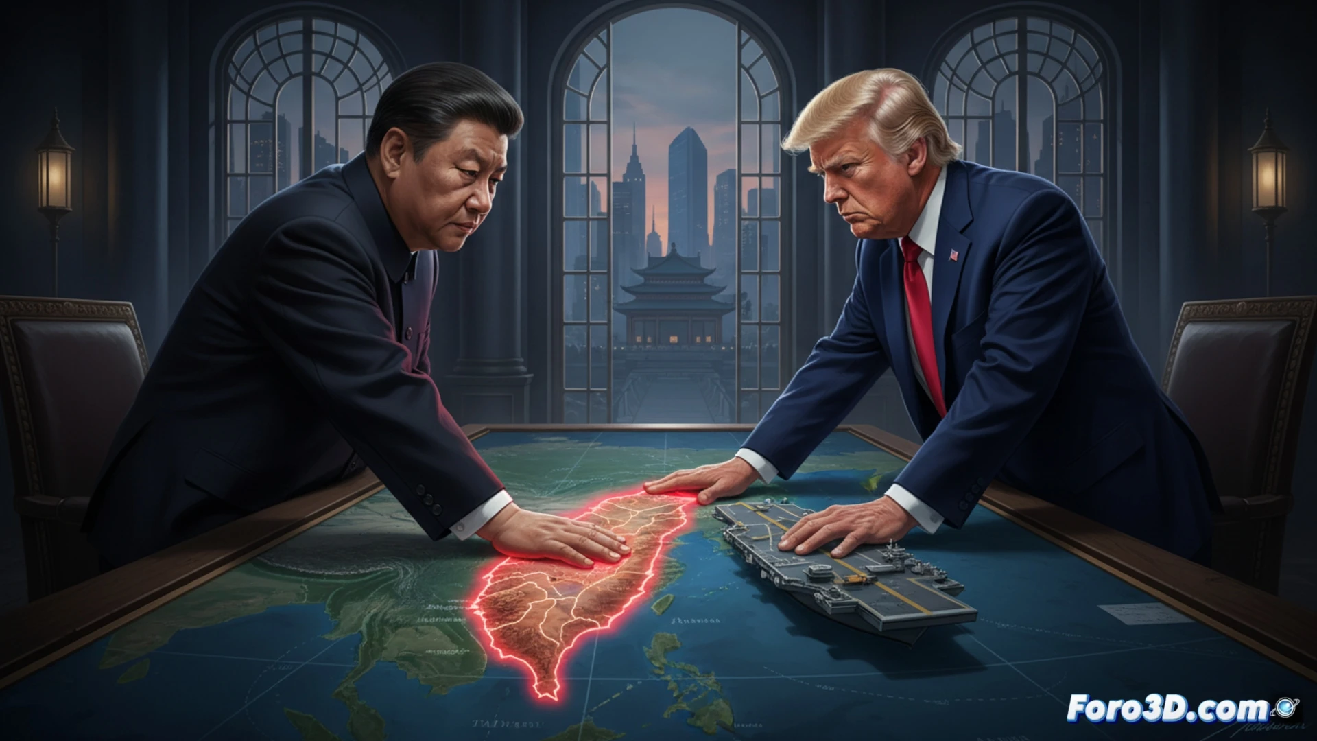 Dos líderes mundiales frente a frente en una sala de reuniones solemne; uno señala un mapa con Taiwán resaltado en rojo, gesto de advertencia; el otro observa con expresión seria.