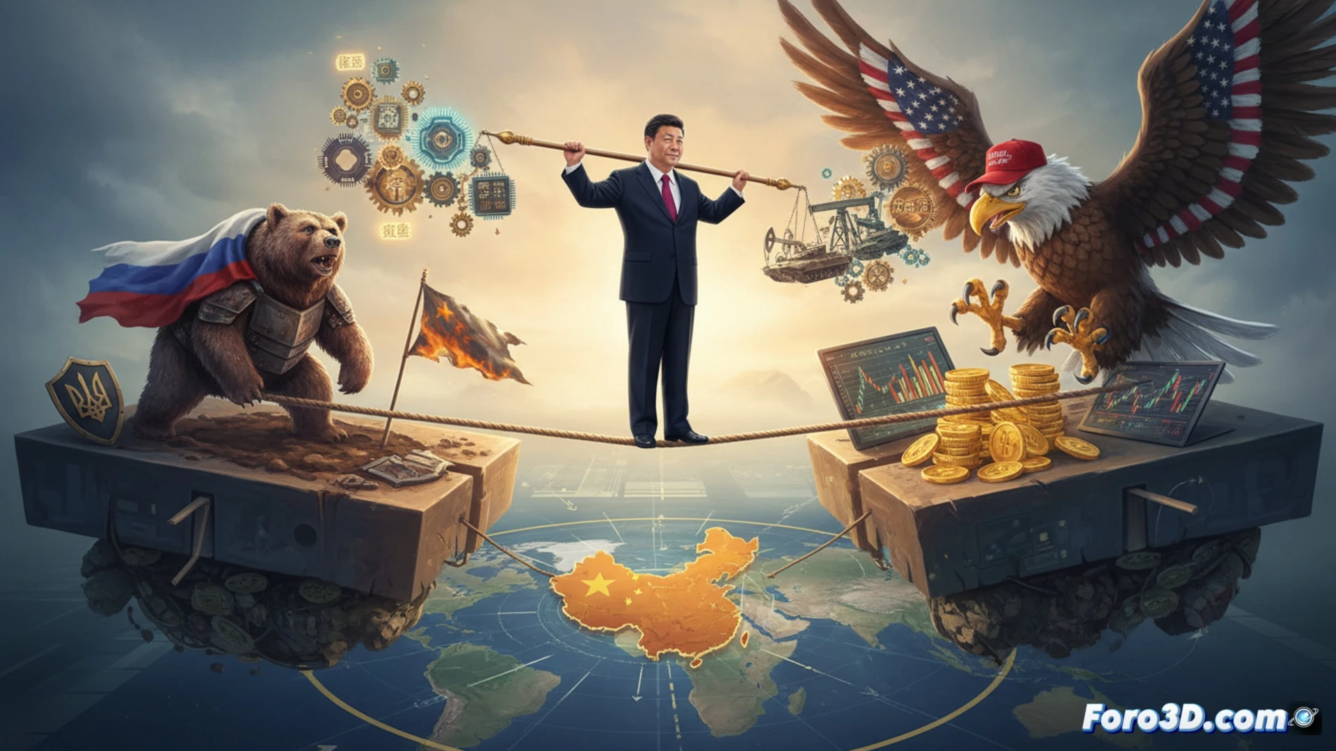 Chinese president Xi Jinping balancing on a tightrope stretched between a cracked Kremlin globe on the left and an American dollar-sign gear on the right, one hand gripping a red lantern labeled with a dragon symbol while the other holds a trade ship model, tightrope made of intertwined silk road threads and circuit board traces, below a geopolitical chessboard with pawns shaped like oil barrels and microchips, cinematic photorealistic technical illustration, dramatic chiaroscuro lighting, high-contrast shadows, ultra-detailed textures of marble and metal, wide-angle lens perspective showing precarious equilibrium, action of balancing demonstrated during a stormy sky background