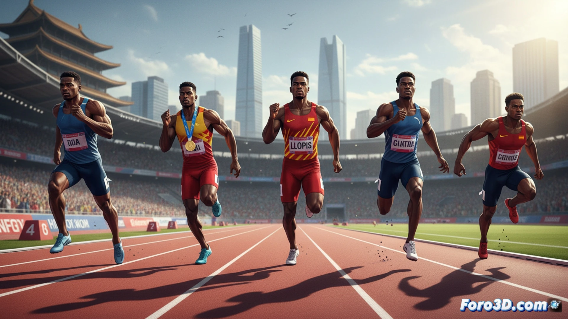 sprinter Llopis bursting from starting blocks on Xiamen track, muscles tense during explosive acceleration phase, aerodynamic running shoes gripping synthetic surface, digital timer displaying 0.00 seconds, stadium lights casting sharp shadows on lane markings, six rival sprinters including Olympic medalist in adjacent lanes, motion blur on arms and legs, photorealistic sports photography style, dramatic low-angle shot, sweat droplets frozen mid-air, tension in facial expressions, ultra-detailed athletic gear, cinematic stadium atmosphere with Chinese architecture visible in background