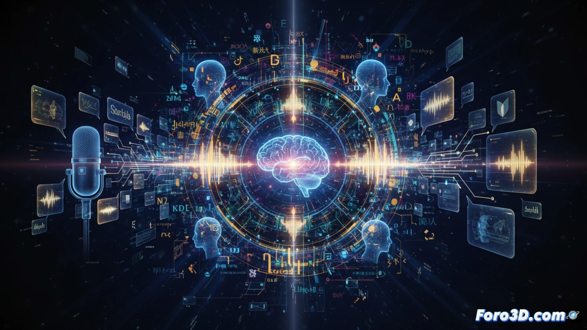 Una interfaz futurista muestra ondas de voz en azul y rojo sobre un mapa global, con el logo de Xiaomi y texto en chino mandarín e inglés, simbolizando la IA OmniVoice.