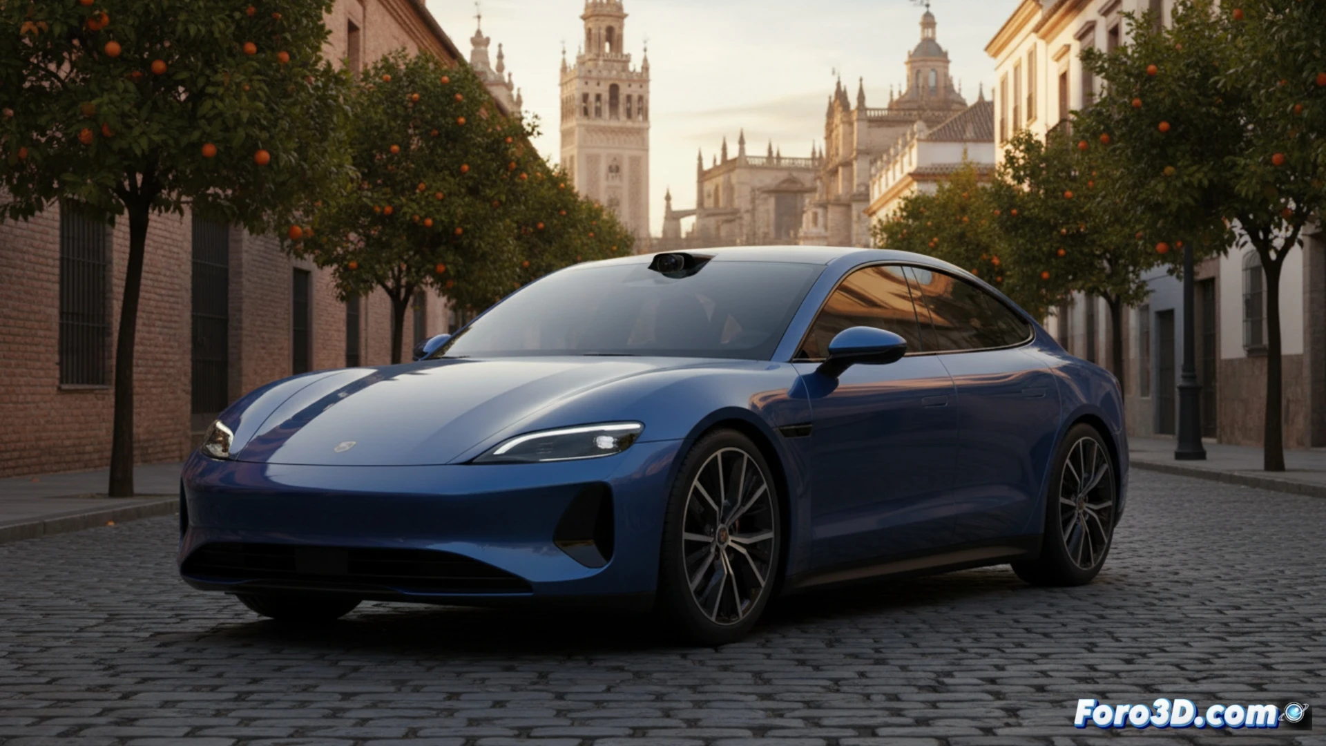 Xiaomi SU7 sedan conducting autonomous driving tests on a cobblestone street in Seville, Spain, orange-tiled buildings in background, vehicle’s lidar sensors emitting visible laser beams while scanning the road, roof-mounted sensor array processing real-time data, glowing holographic path projection on pavement, tires rolling over wet cobblestones, dust particles kicked up, cinematic engineering visualization, photorealistic metallic bodywork, dramatic sunset lighting, motion blur on wheels, technical detail on suspension and brake calipers, ultra-detailed urban environment