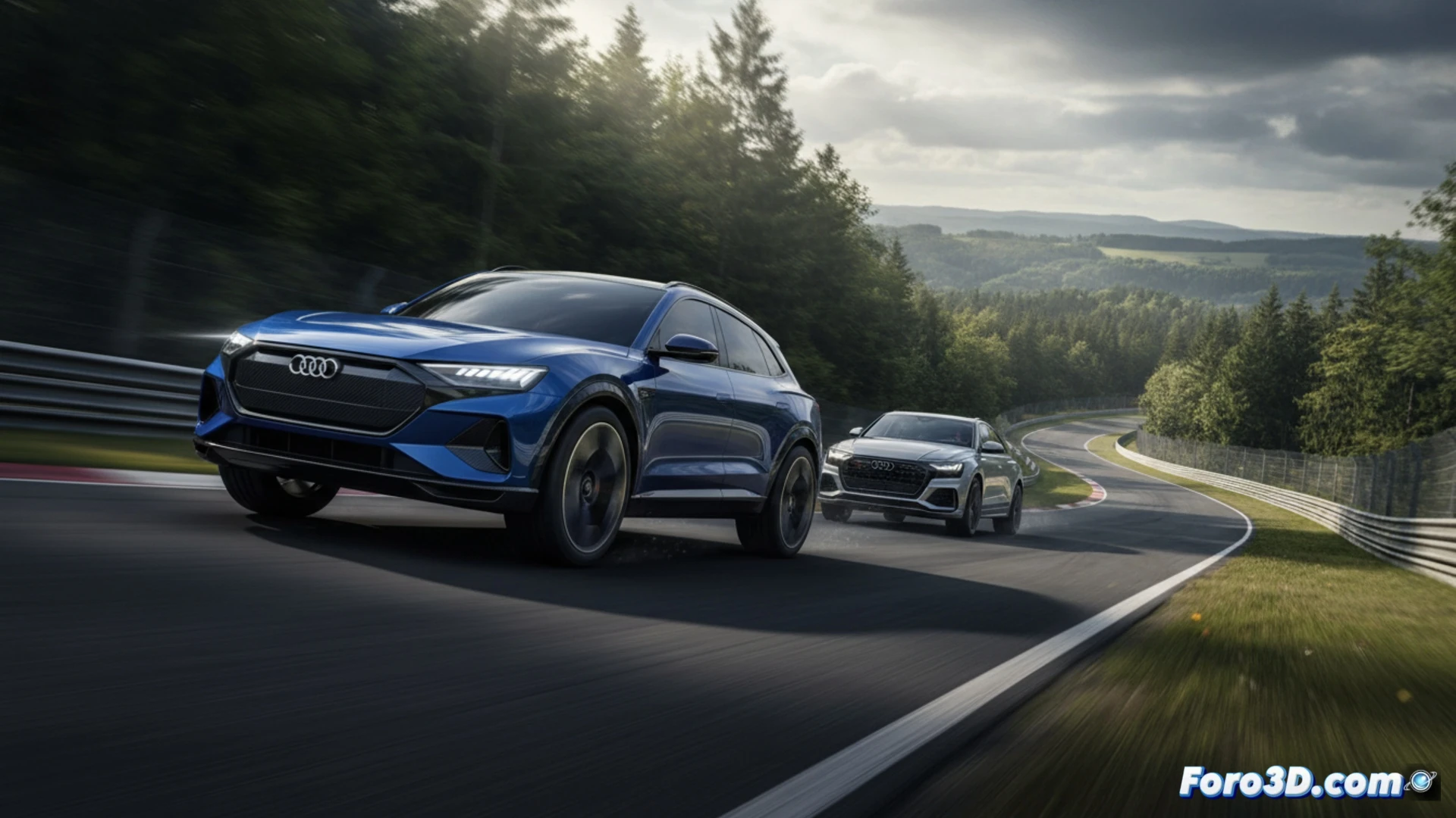 Xiaomi YU7 GT electric SUV overtaking Audi RS Q8 on Nürburgring track during record lap, front bumper airflow deflecting around carbon-ceramic brakes glowing orange from heat, suspension compressing under high-speed cornering, tires leaving smoke trails on asphalt, timing display showing 7:34.93 on trackside screen, cinematic engineering visualization, photorealistic metallic paint, dramatic sunset lighting, motion blur on background trees, ultra-detailed wheel arches and aerodynamic diffuser, technical race scene