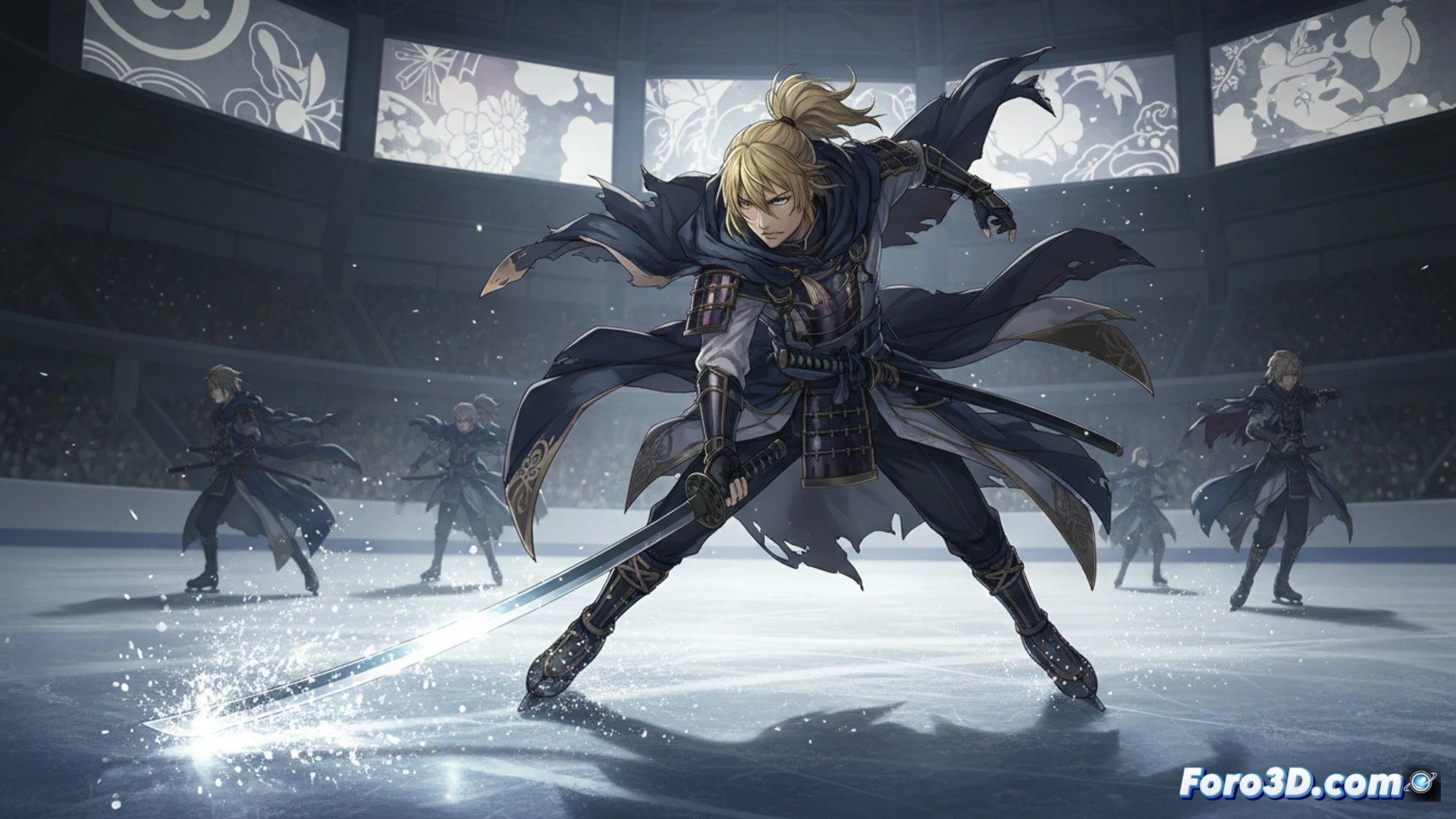 Yamabagiri Kunihiro patina sobre hielo con elegancia, chispas brillan a su alrededor mientras su filo corta la pista en una pose dinámica.