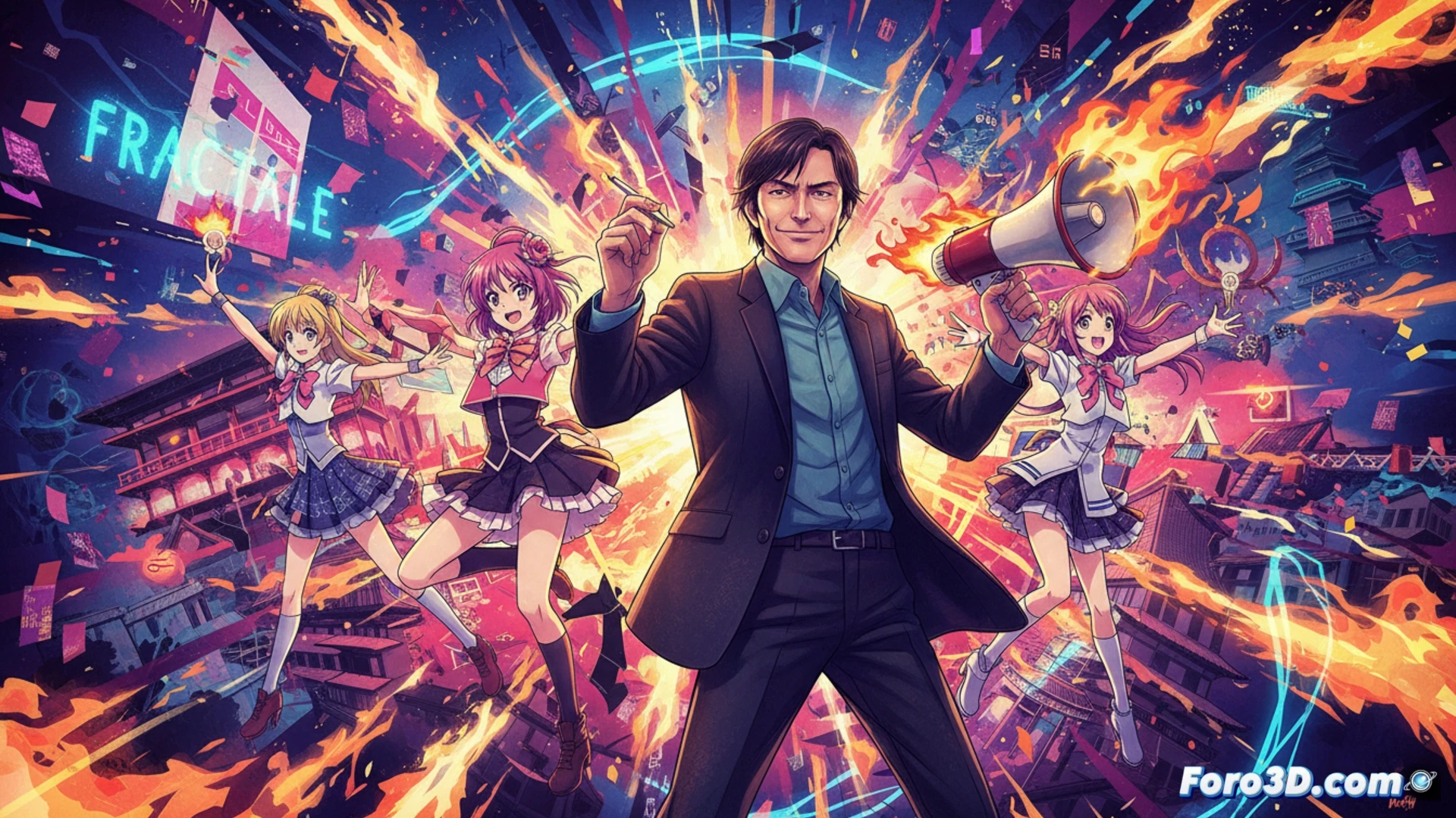 anime director yutaka yamamoto standing in a chaotic studio, holding a storyboard while pointing at a cluttered editing desk, multiple screens showing idol dance sequences and fractured animation frames, scattered cels of wake up girls characters on the floor, a cracked kyoani logo visible on a discarded poster, intense red and blue lighting casting dramatic shadows, motion blur on his gesturing hand, technical breakdowns of pop idol choreography overlaid on monitors, cinematic documentary style, photorealistic rendering, gritty industrial atmosphere, creative process in disarray