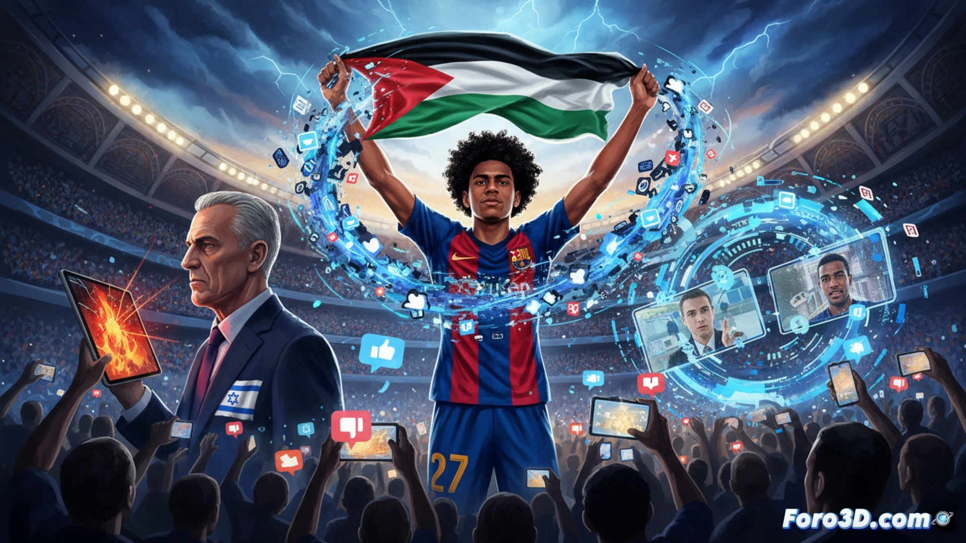Lamine Yamal levantando una bandera palestina sobre su cabeza durante una celebración deportiva, estadio de fútbol iluminado con focos LED, pantalla gigante mostrando repetición del gesto, teléfonos móviles grabando desde las gradas, interfaz de redes sociales con iconos de reacciones y comentarios superpuestos en primer plano, ministro de Defensa israelí señalando una pantalla de ordenador con documentos legales abiertos, mapa digital de Oriente Medio con fronteras resaltadas en rojo, cables de datos y servidores de fondo, estilo cinematográfico fotorrealista, iluminación dramática con contrastes azules y naranjas, textura de pantallas OLED y plástico mate, profundidad de campo reducida, ultra detallado.