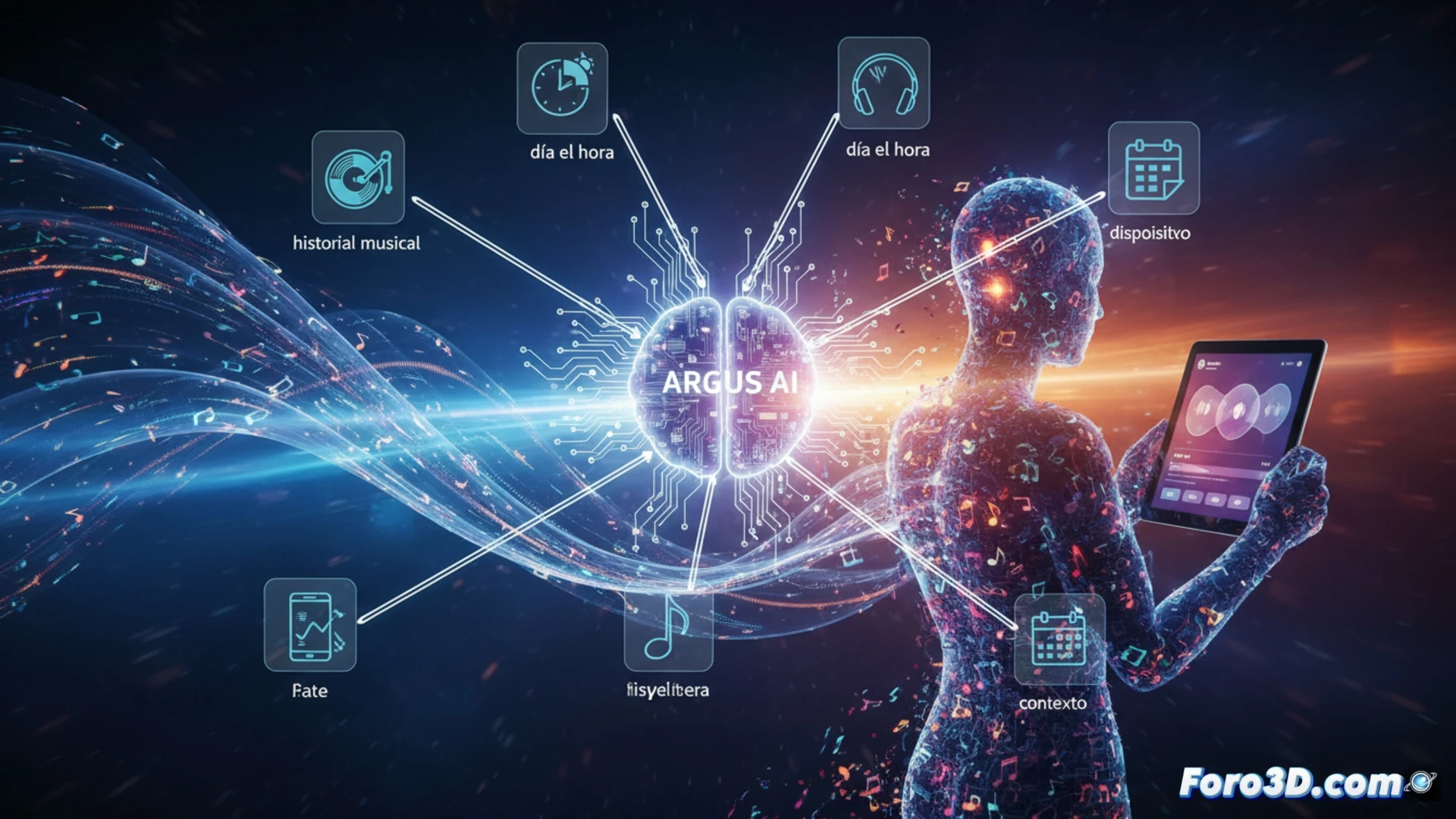 ARGUS AI model analyzing multiple data streams simultaneously, smartphone screen displaying music recommendation changing from morning commute to late-night listening, smartwatch syncing with platform, calendar icon showing day of week, clock face indicating time shift, glowing neural network lines connecting device icons, headphones resting on desk, cinematic technical visualization, sleek dark interface with pulsing data nodes, photorealistic product render, blue and purple ambient lighting illuminating the scene, motion blur on transitioning album covers