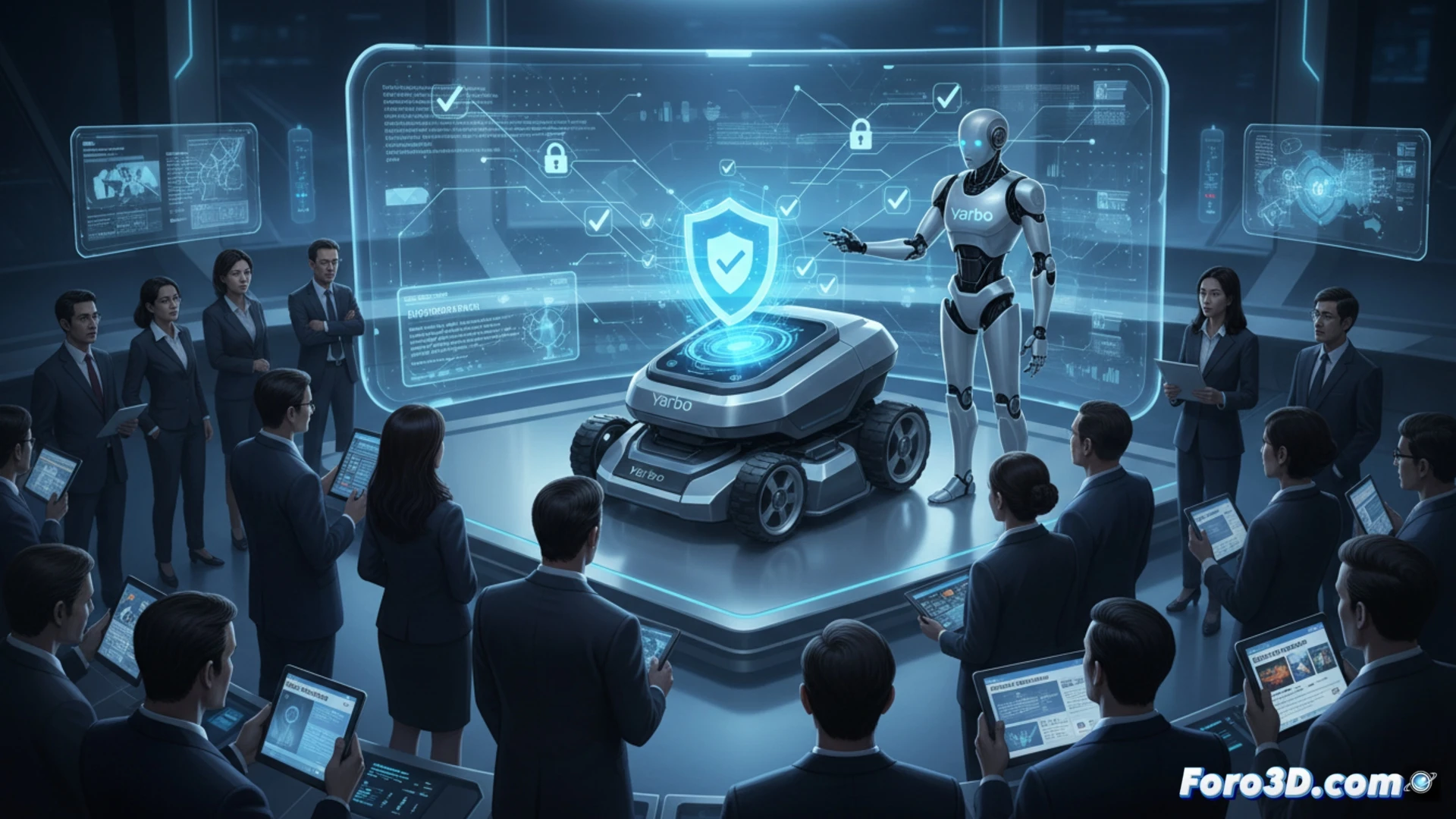 Un robot cortacésped Yarbo en un jardín, con un candado roto digital sobre su pantalla y un mensaje de 'parche de seguridad' en el suelo.