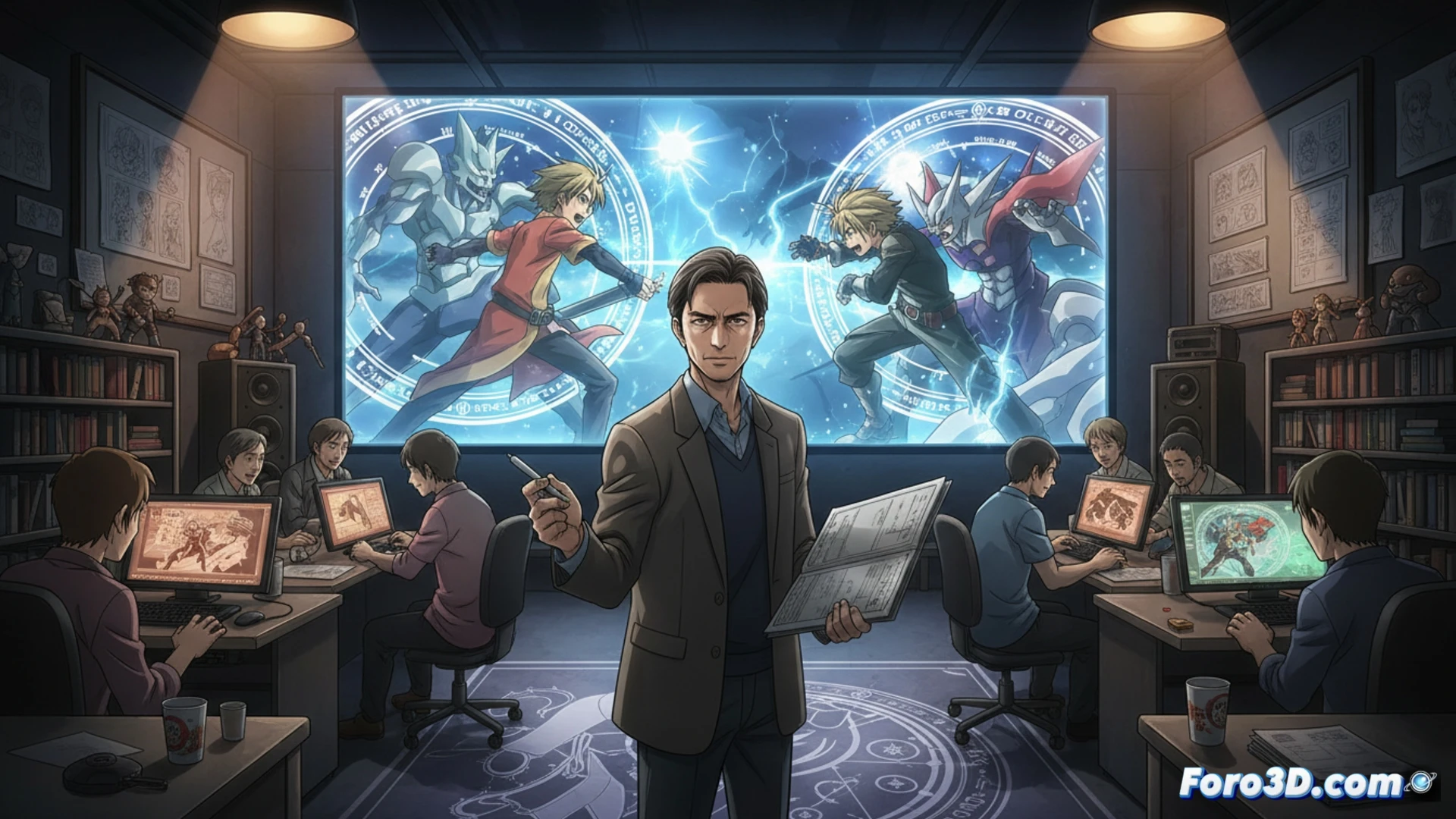 Yasuhiro Irie supervisa un storyboard de Fullmetal Alchemist: Brotherhood, con bocetos de acción y personajes iluminados por una mesa de luz.