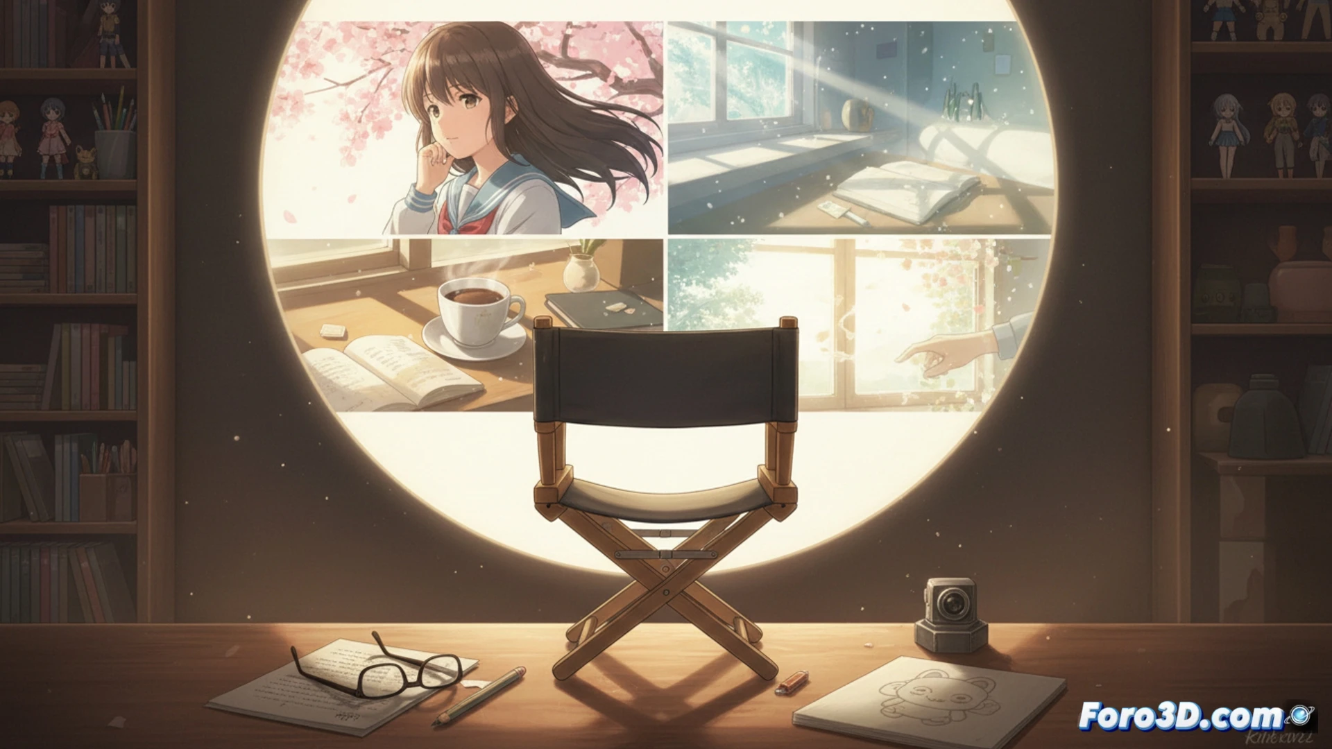 Un rayo de sol entra por una ventana, iluminando un escritorio con bocetos de Hyouka y un té humeante, simbolizando la belleza cotidiana de Takemoto.