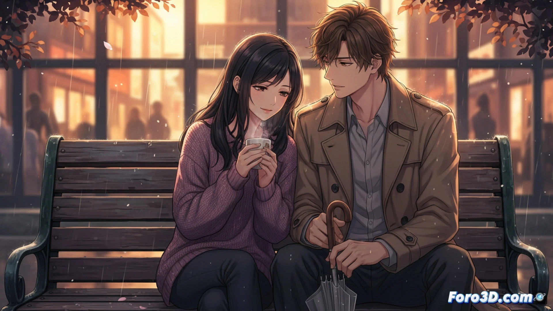 Una escena cotidiana iluminada por luz suave: dos adultos sentados en silencio, miradas cómplices y un leve rubor, capturando nostalgia y romance contenido.