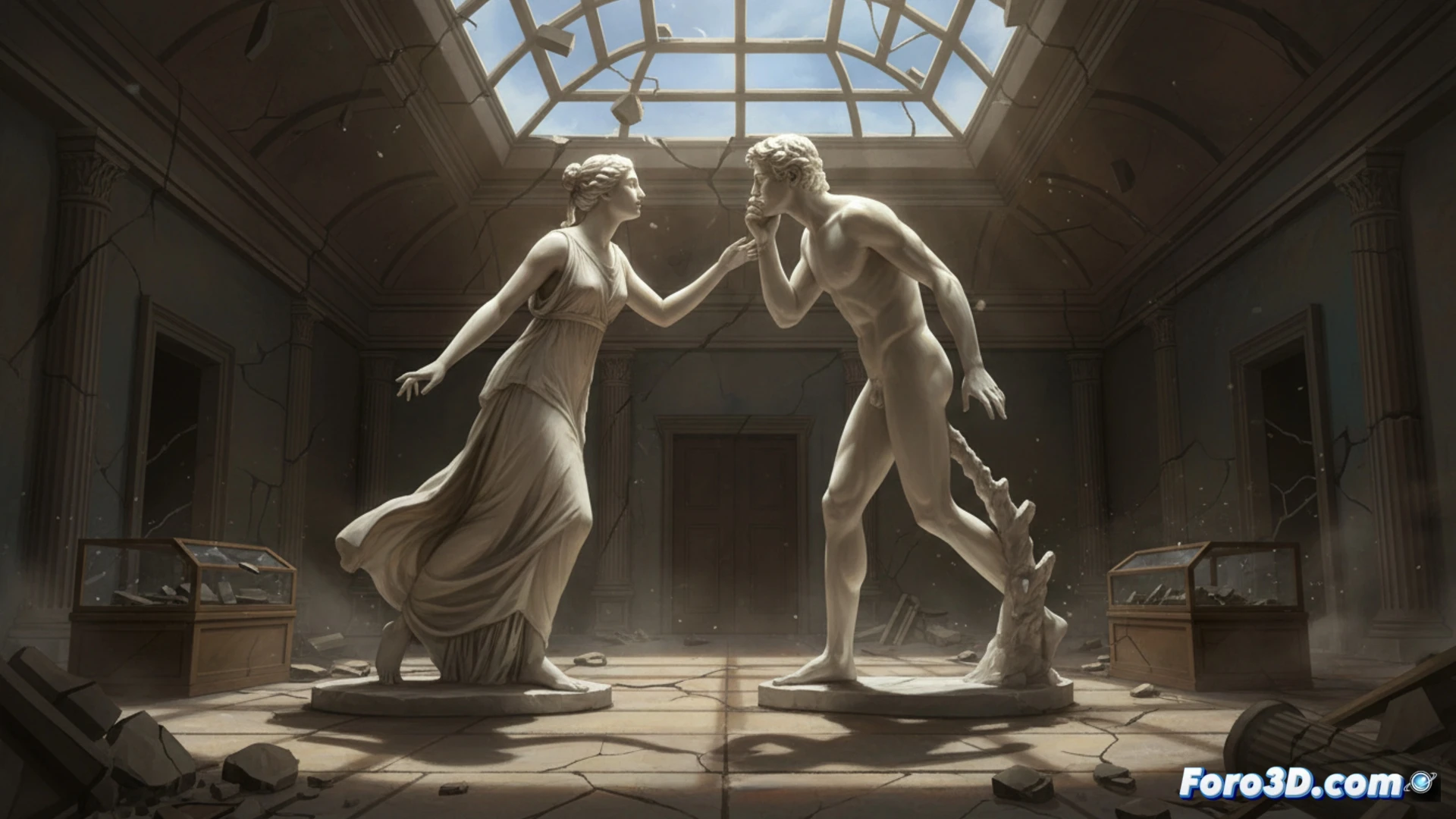 Two classical marble statues in a dim museum gallery slowly turning their heads toward each other, fine cracks spreading across stone surfaces like veins, dust particles floating in dramatic shaft of light from a broken skylight, one statue arm lifting with grinding motion while the other statue fingers twitch with new life, cracked stone floor with scattered debris from recent earthquake, cinematic photorealistic museum interior, warm golden light contrasting cool blue shadows on marble, ultra-detailed stone texture with chisel marks and weathered patina, dramatic chiaroscuro lighting emphasizing the tension between rigid stillness and emerging movement, slow-motion action captured mid-gesture