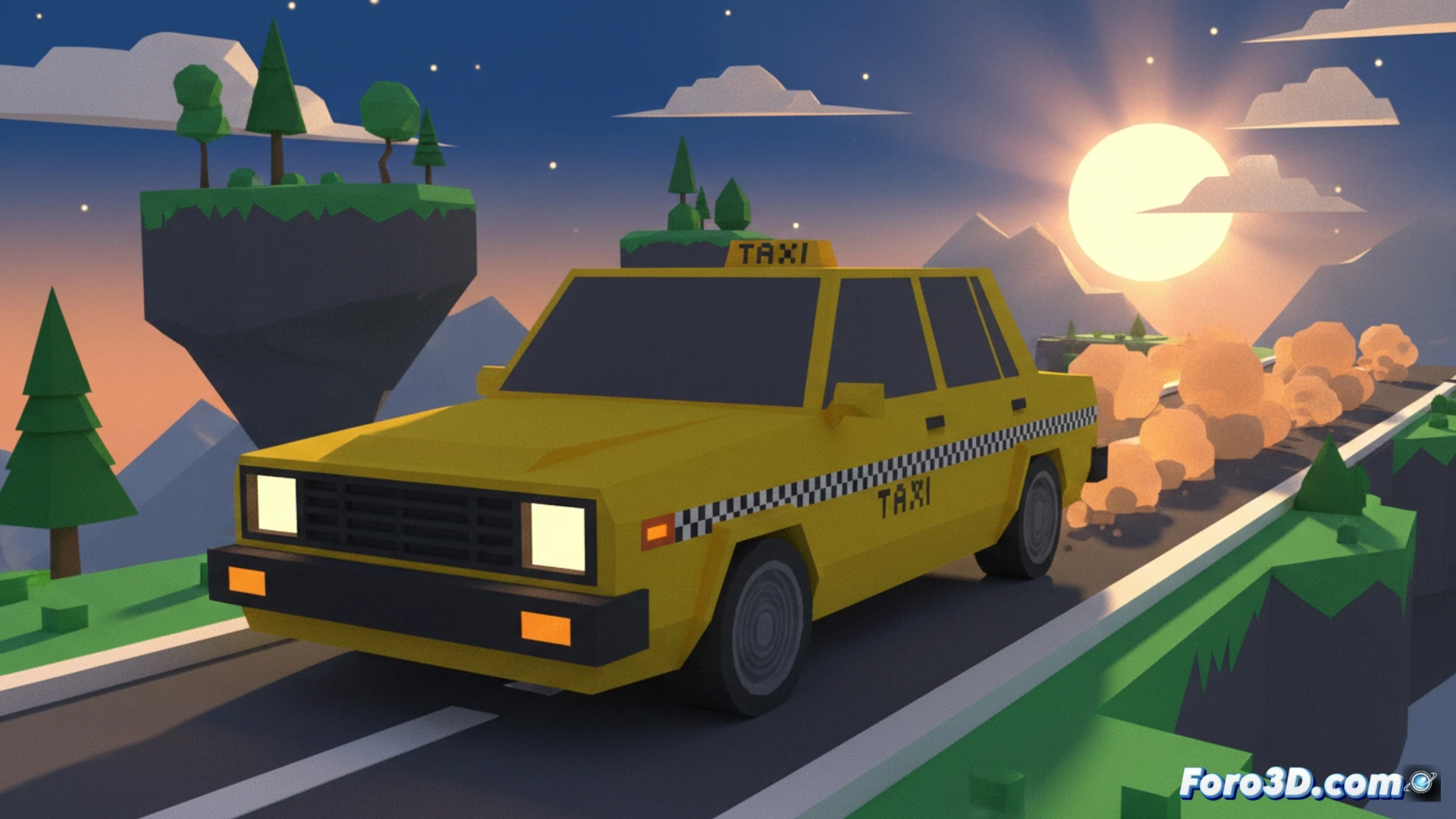 Captura de Yellow Taxi Goes Vroom mostrando un taxi amarillo en un nivel con gráficos estilo Nintendo 64