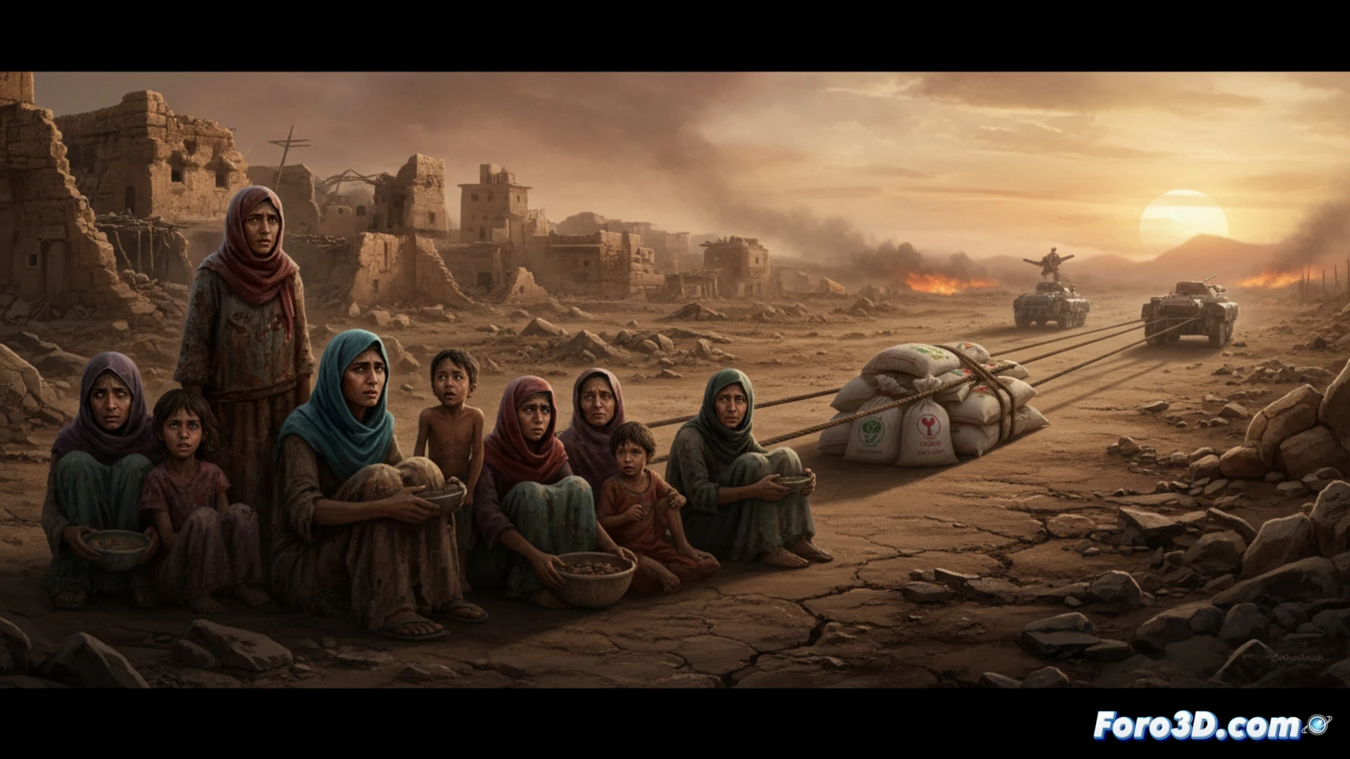 aerial view of a desolate Yemeni landscape, empty food aid containers scattered across cracked earth, a single aid truck stopped on a dusty road, fuel gauge on empty, shadow of a missile falling across a distant oil refinery, solar panels powering a broken water pump, dry riverbed, cinematic photorealistic style, dramatic desert lighting, stark contrast between poverty and distant war machinery, ultra-detailed textures, humanitarian crisis visualization