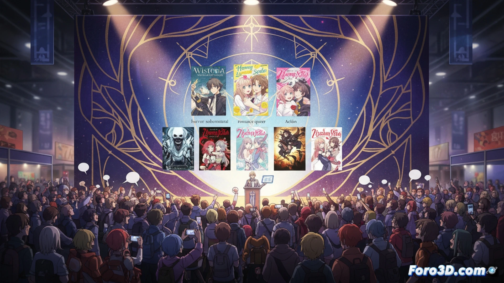 anime convention stage with large screen displaying manga covers, handheld tablet showing digital licensing contract, stack of printed manga volumes on table, two speakers gesturing toward projected light novel titles, audience members taking notes on smartphones, cinematic technical illustration style, warm stage lighting with blue accent lights, manga pages fluttering in foreground, photorealistic convention hall atmosphere, ultra-detailed fabric textures and screen reflections, dynamic composition demonstrating announcement process