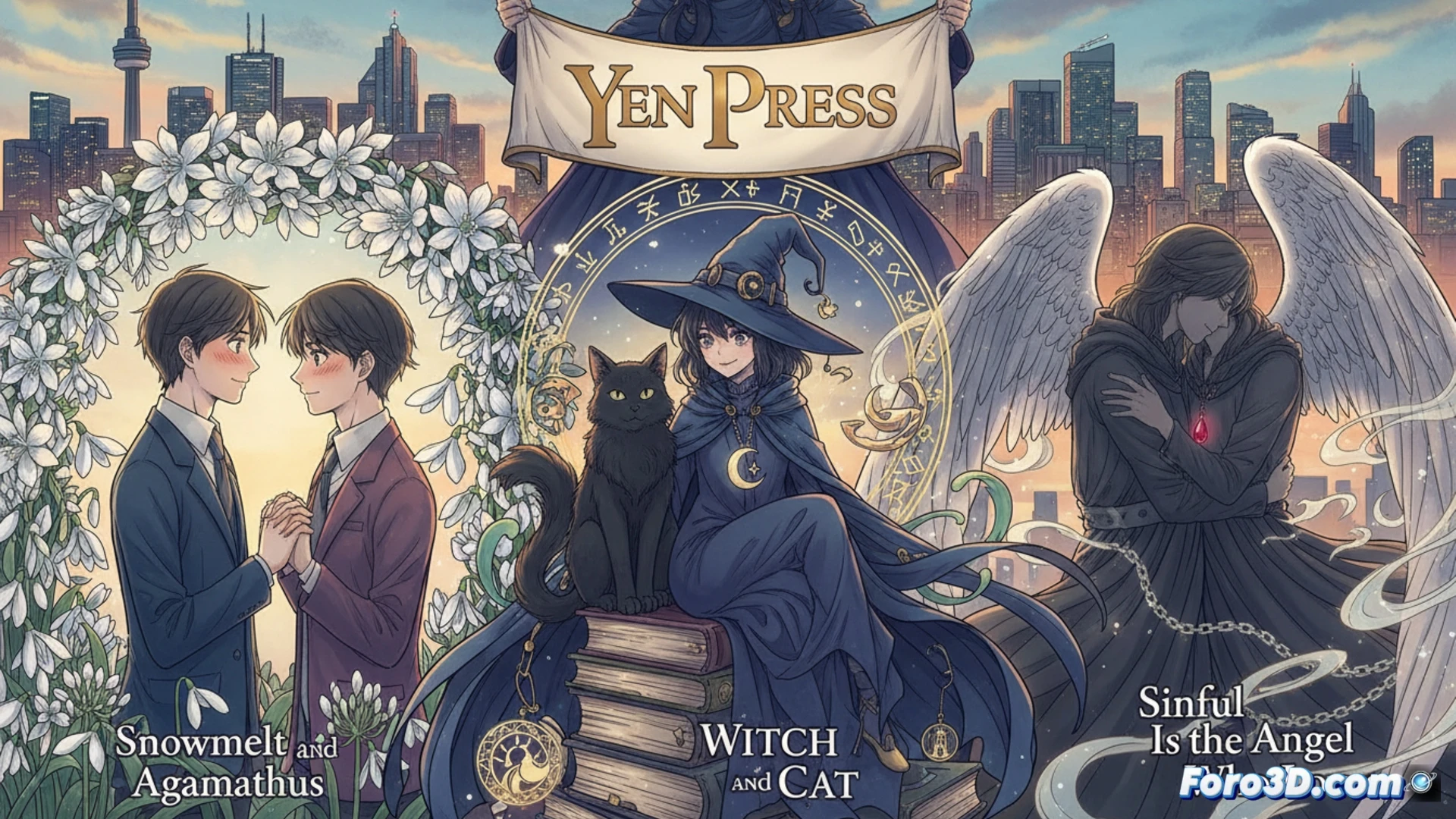 three book covers floating in midair with glowing edges, central display showing a classroom scene where a girl blushes while a boy with glasses touches her shoulder, left panel shows a witch handing a black cat a sealed envelope under moonlight, right panel shows a winged angel reaching for a golden halo above a city skyline, magical sparkles connecting the scenes, cinematic composition, dramatic spotlight lighting from above, dark background with subtle anime convention crowd silhouettes, photorealistic digital painting, ultra-detailed fabric textures and glowing supernatural elements, dynamic action frozen in time