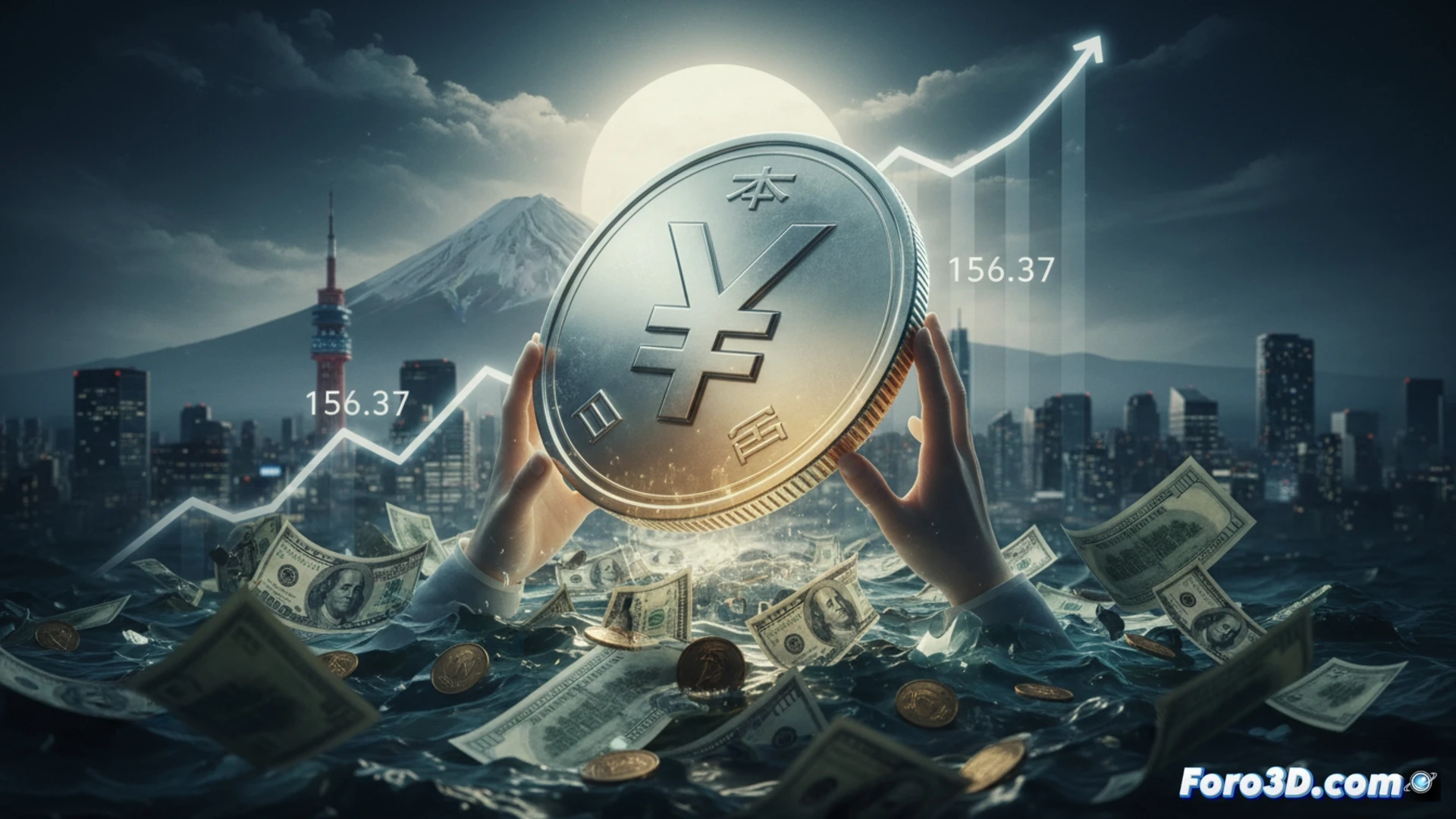 Un gráfico financiero muestra el yen subiendo a 155.04 frente al dólar, con banderas de Japón y EE.UU. de fondo.