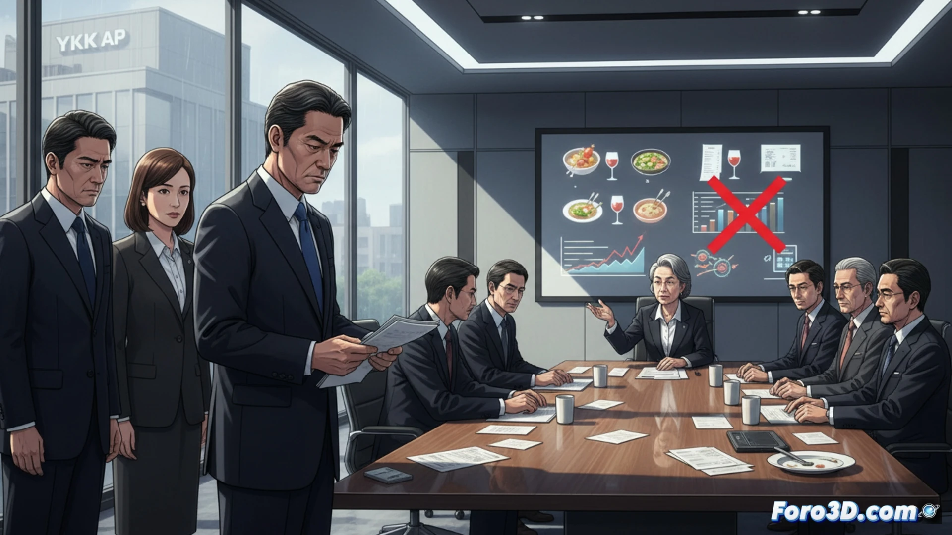corporate boardroom scene, three empty executive chairs around a polished wooden table, a single plate with half-eaten sushi and an overturned sake cup, a calculator and a receipt with blurred numbers lying next to the plate, a security camera mounted on the ceiling with a red blinking light, a stack of financial documents with a magnifying glass over them, cinematic photorealistic technical illustration, dramatic shadows from overhead lighting, cold blue and grey tones, forensic evidence atmosphere, ultra-detailed textures of wood grain and paper fibers