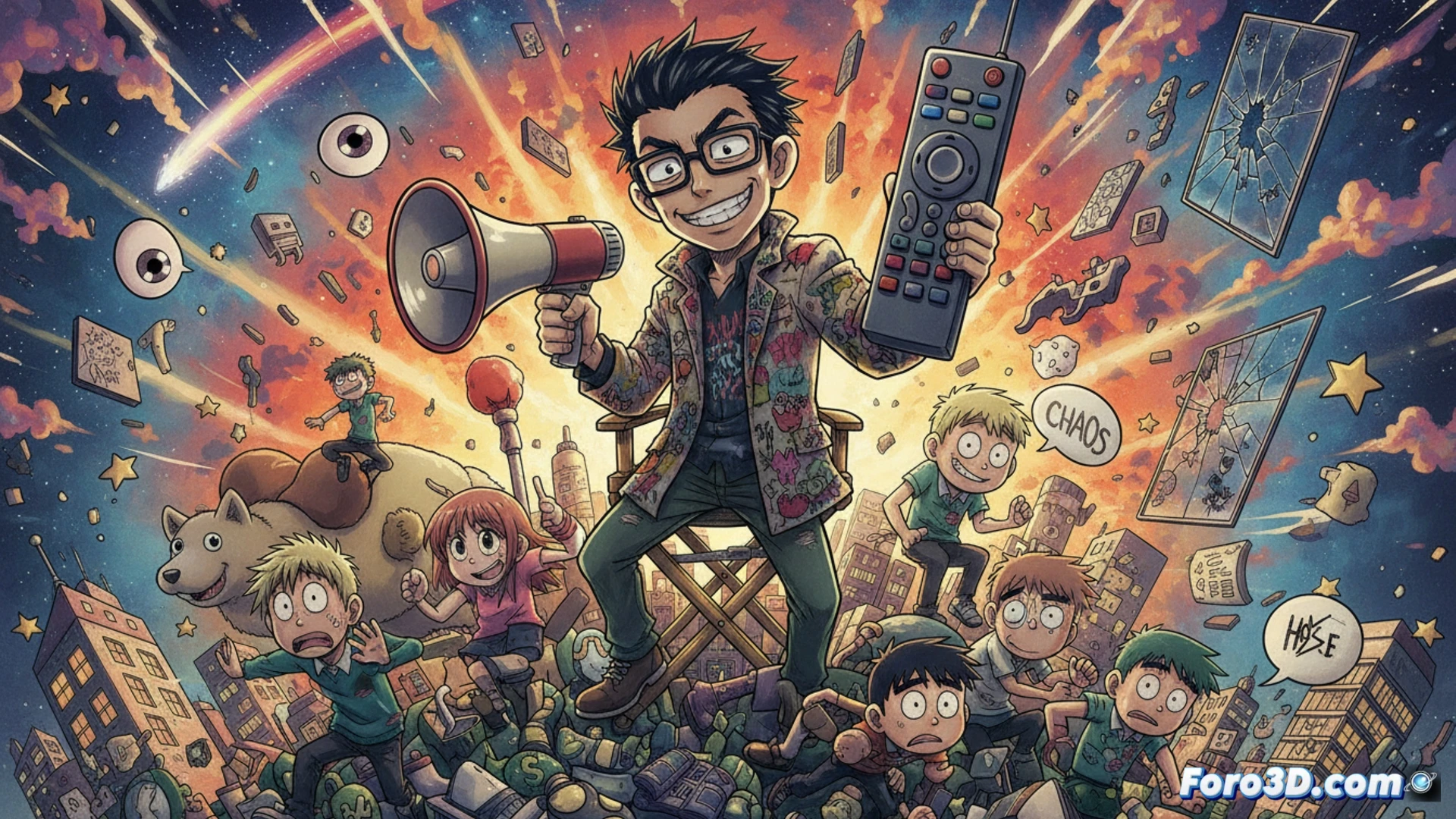 Un director de anime con gafas oscuras sostiene un megáfono roto, rodeado de personajes de Gintama y Mr. Osomatsu en un caos surrealista.