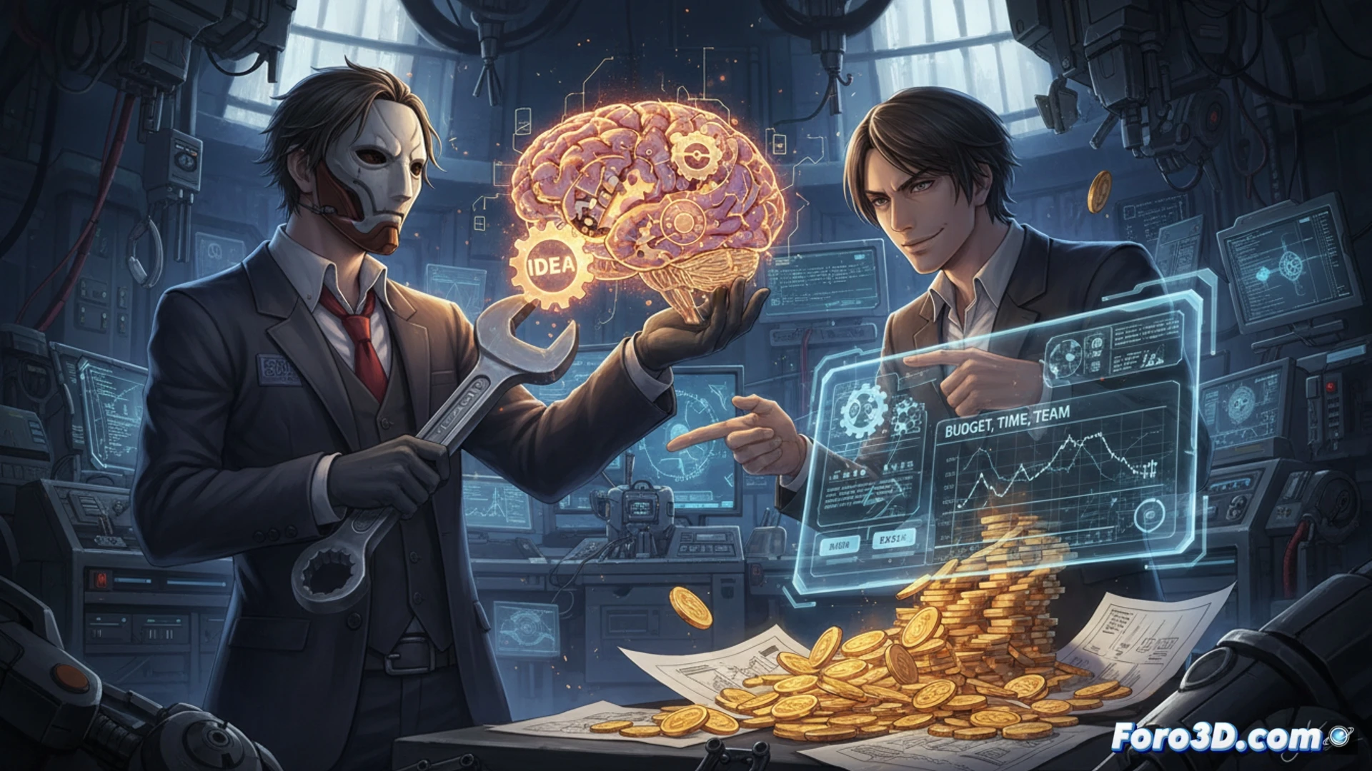game development whiteboard showing budget allocation pie chart being erased by a hand holding a marker, while a glowing lightbulb fades into the background, scattered game assets like 3D character models, code lines, and texture maps lying on a wooden table, a cracked monitor displaying an unfinished game level, visceral action of financial constraints overriding creative sparks, cinematic technical illustration, dramatic chiaroscuro lighting, photorealistic render, deep shadows on scattered game design documents, metallic sheen on a calculator and mouse, ultra-detailed texture of eraser dust and pencil shavings