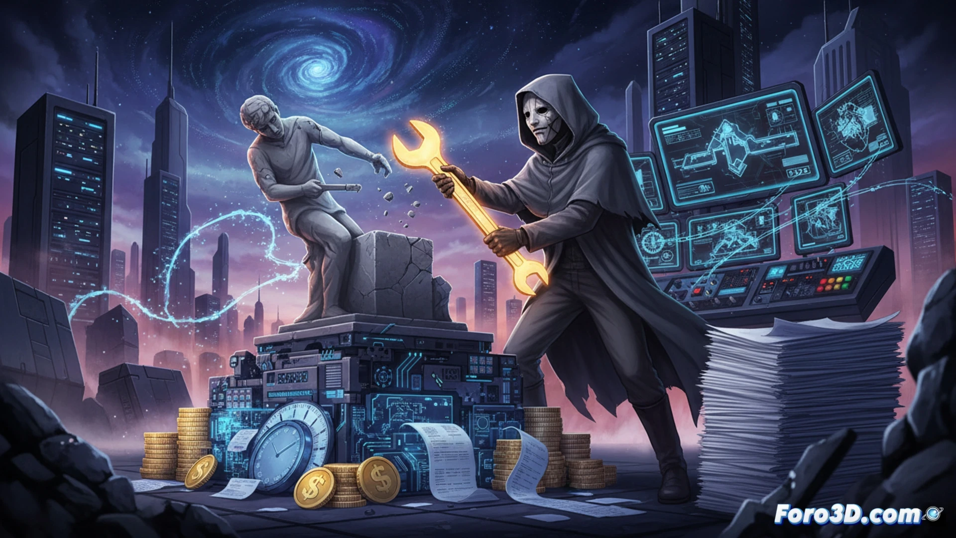Yoko Taro sentado frente a una pantalla de software de gestión de proyectos, rodeado de gráficos financieros y hojas de cálculo, mientras un equipo de desarrolladores revisa planos de personajes y escenarios, una calculadora y un teclado mecánico en primer plano, monitores mostrando presupuestos y cronogramas, luces frías de oficina, atmósfera industrial, estilo cinematic photorealistic technical illustration, acción de análisis y toma de decisiones, demostrando el proceso realista de desarrollo de videojuegos