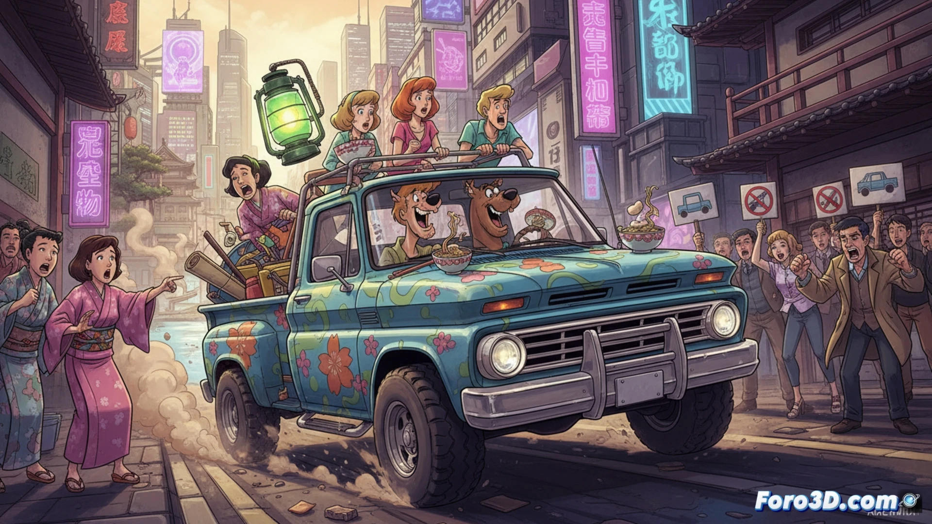 Mystery Machine pickup drifting on a rain-slicked Tokyo street at night, Scooby-Doo and Shaggy leaning out of the open truck bed holding a giant magnifying glass and a wrench, neon signs reflecting on the metallic camper shell, engine components glowing with heat, suspension compressing during the turn, cinematic action shot, photorealistic technical illustration, motion blur on tire treads, sparks from exhaust pipe, detailed chassis and suspension system visible, dramatic neon lighting, wet asphalt reflections, ultra-detailed mechanical structures, high-contrast urban night scene