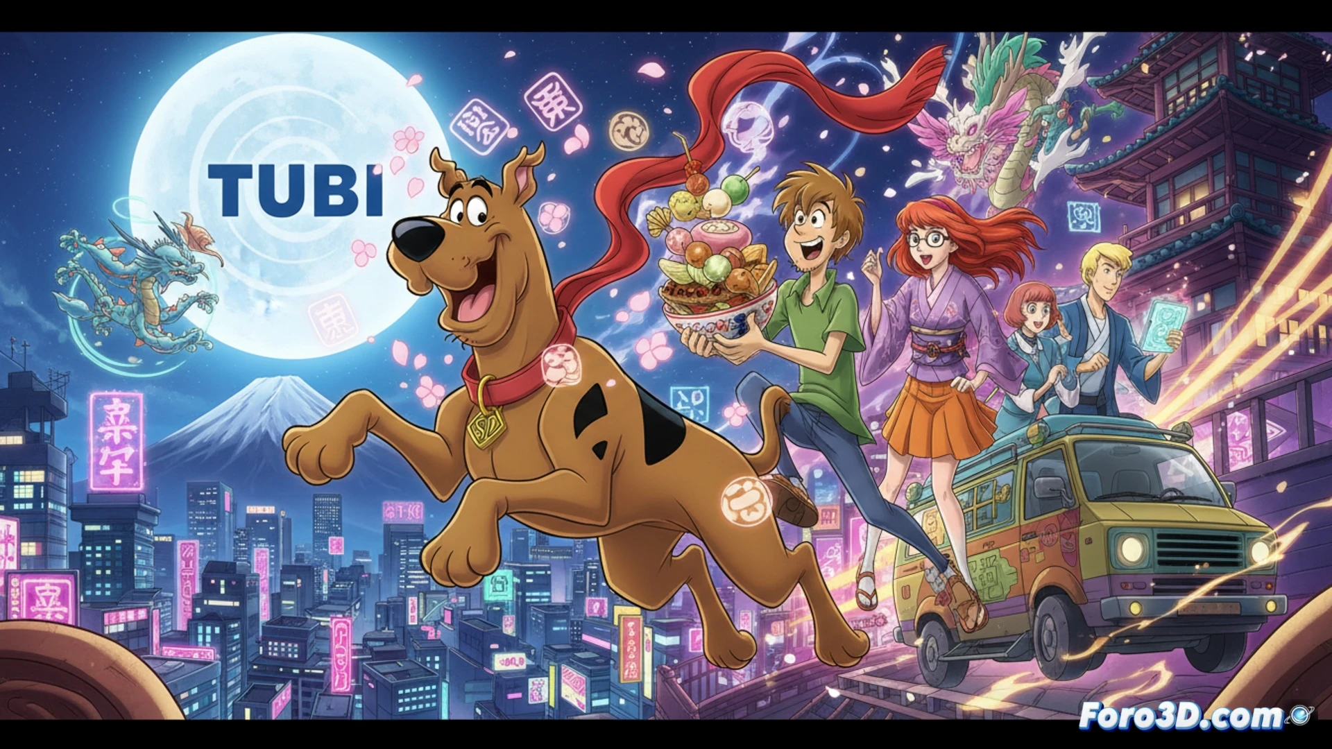 anime-styled mystery van interior, Scooby and Shaggy eating oversized sandwiches while Shaggy holds a glowing tablet showing a 3D CAD model of a haunted mansion, Scooby typing on a holographic keyboard with floating data screens displaying spectral analysis graphs, Frank Welker and Matthew Lillard mouth shapes animated in Japanese cel-shading, OLM studio production desk visible with Pokémon character sketches in background, director Itsuro Kawasaki adjusting a multiplane camera rig, cinematic anime technical illustration, dynamic action pose, neon Tokyo night skyline visible through van window, detailed storyboard panels pinned to walls, dramatic cyberpunk lighting, photorealistic textures on mechanical van components