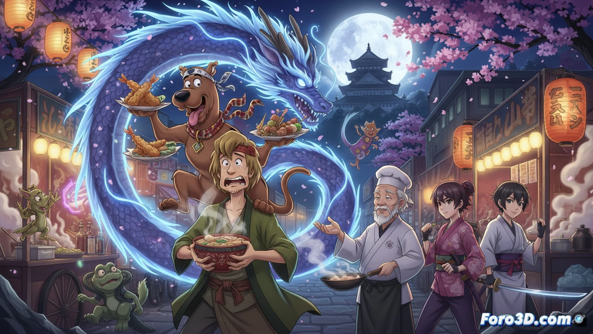 Japanese anime style scene showing Shaggy and Scooby-Doo running through a traditional Japanese street, demonic yokai monsters emerging from floating ramen bowls and sushi plates, magical girl Yume casting glowing spell circles with her wand, Takumi holding a high-tech gadget scanner emitting blue holographic data streams, tío Daisuke-Doo wielding a wooden staff with glowing ofuda talismans, classic Mystery Machine van parked in background with cherry blossom petals swirling, cinematic anime visual style, cel-shaded lighting, dynamic action poses, vibrant neon accents blending with traditional Japanese architecture, ultra-detailed character expressions, motion lines emphasizing chaos, photorealistic anime render