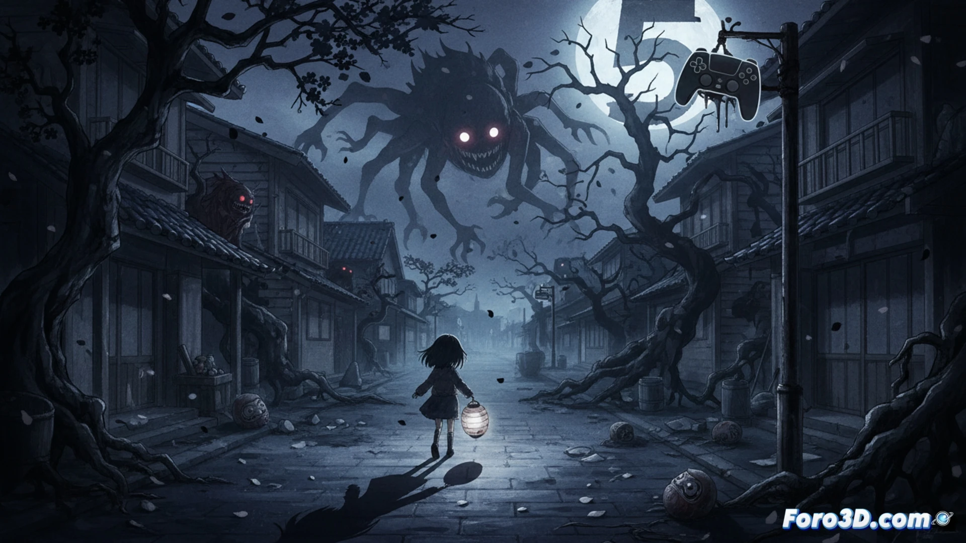 Una escena nocturna en 2D muestra a una niña con linterna bajo la lluvia, entre callejones oscuros y sombras acechantes, evocando el terror de la colección Yomawari.