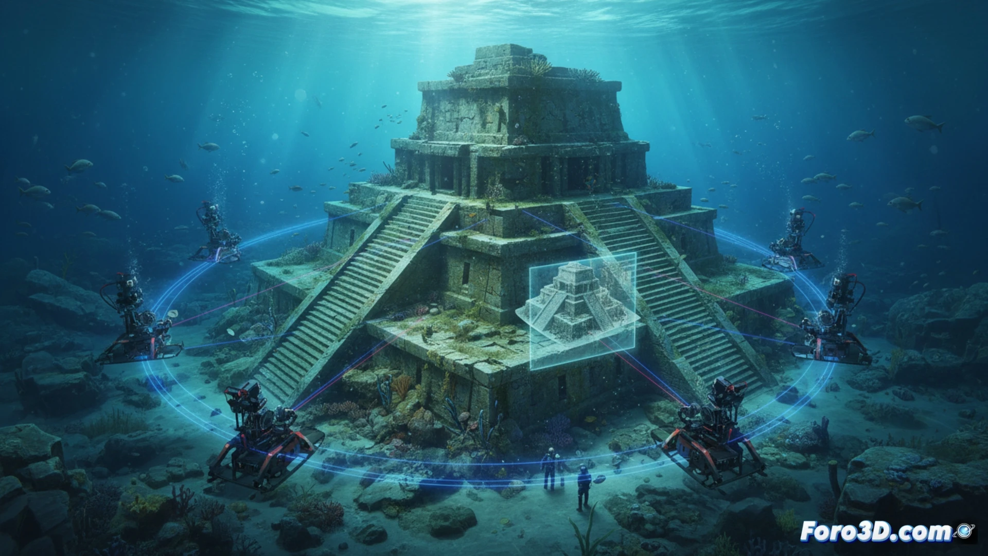 Yonaguni Monumento Japón terrazas escalonadas ángulos rectos fotogrametría submarina 3D naturaleza o ciudad sumergida