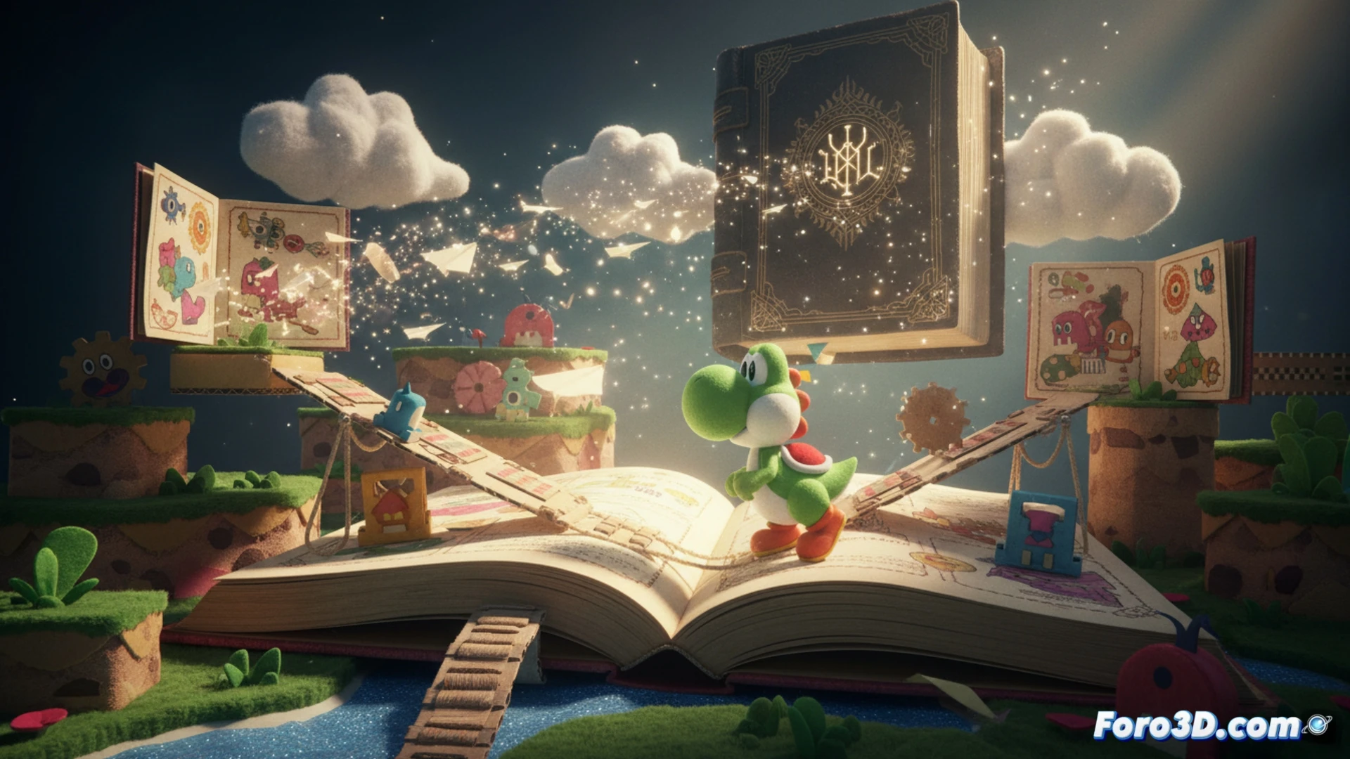 Yoshi saltando sobre páginas de un libro abierto que se pliega en niveles tridimensionales de papel, mientras Good Feel desarrolla el juego en pantallas de monitor dual con controles de Switch 2 visibles, mostrando texturas de cartón y costuras de encuadernación, durante una secuencia de plataformas con mecánicas de puzle interactivo, estilo cinematic technical illustration, iluminación cálida de estudio, sombras suaves, materiales de papel con pliegues realistas, acción dinámica de salto y despliegue de escenarios pop-up