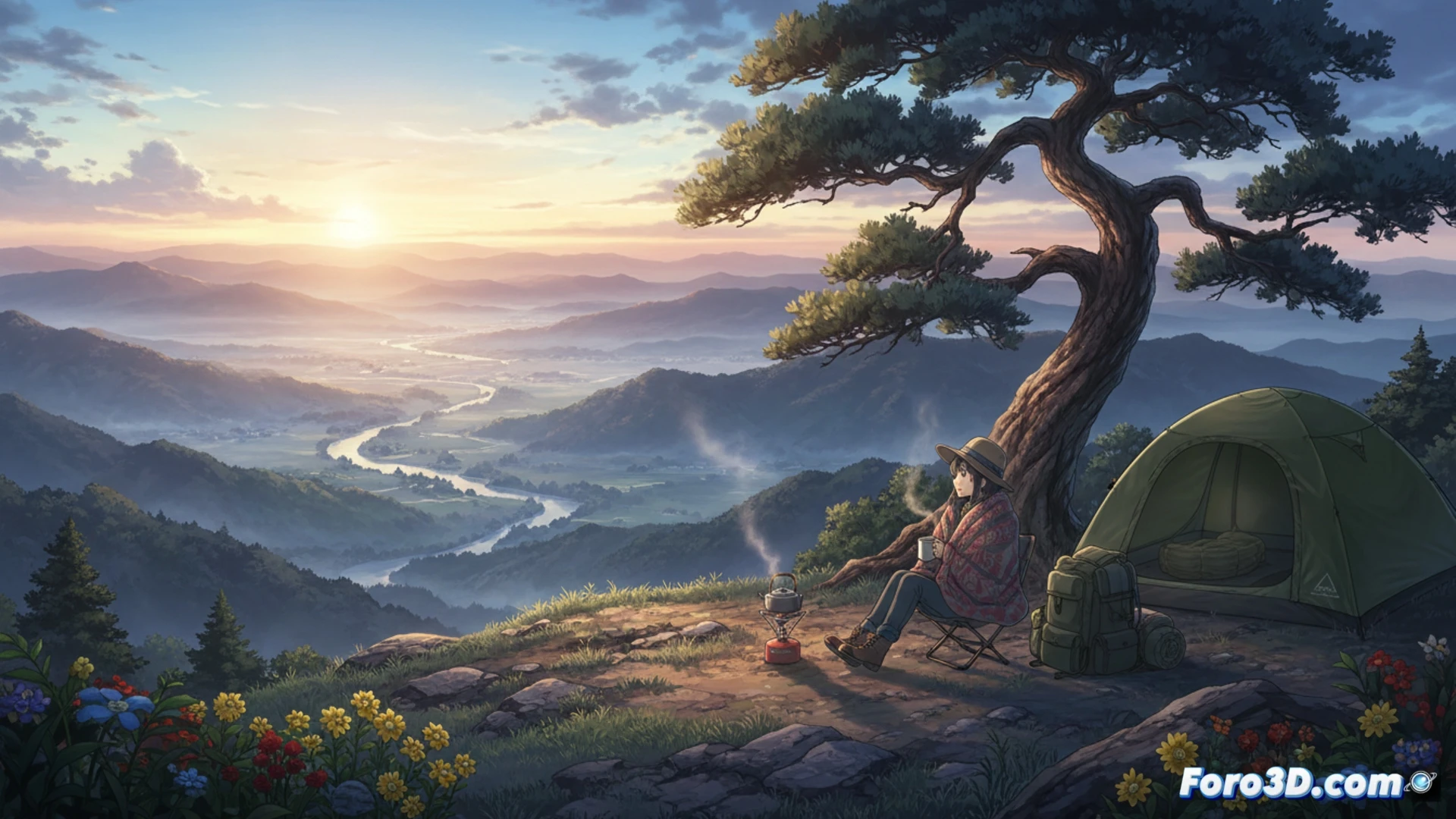 Un paisaje sereno al atardecer, con colinas verdes y un lago cristalino, evoca la calma visual del estilo iyashikei de Kyogoku.