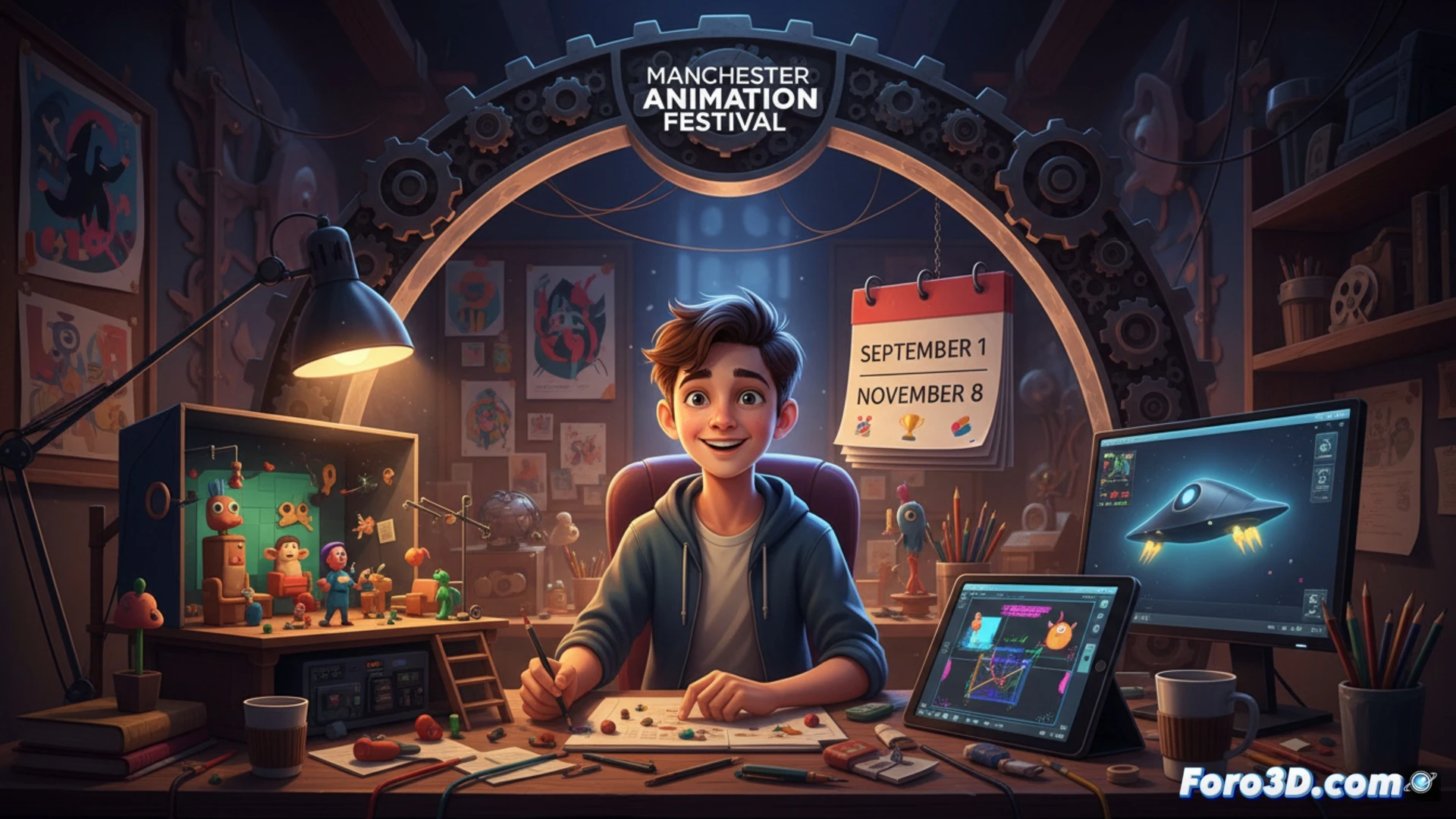 DESCRIPCIÓN: Joven animador frente a pantalla con personajes en stop-motion, 2D y 3D, rodeado de premios y un calendario marcando septiembre y noviembre.
