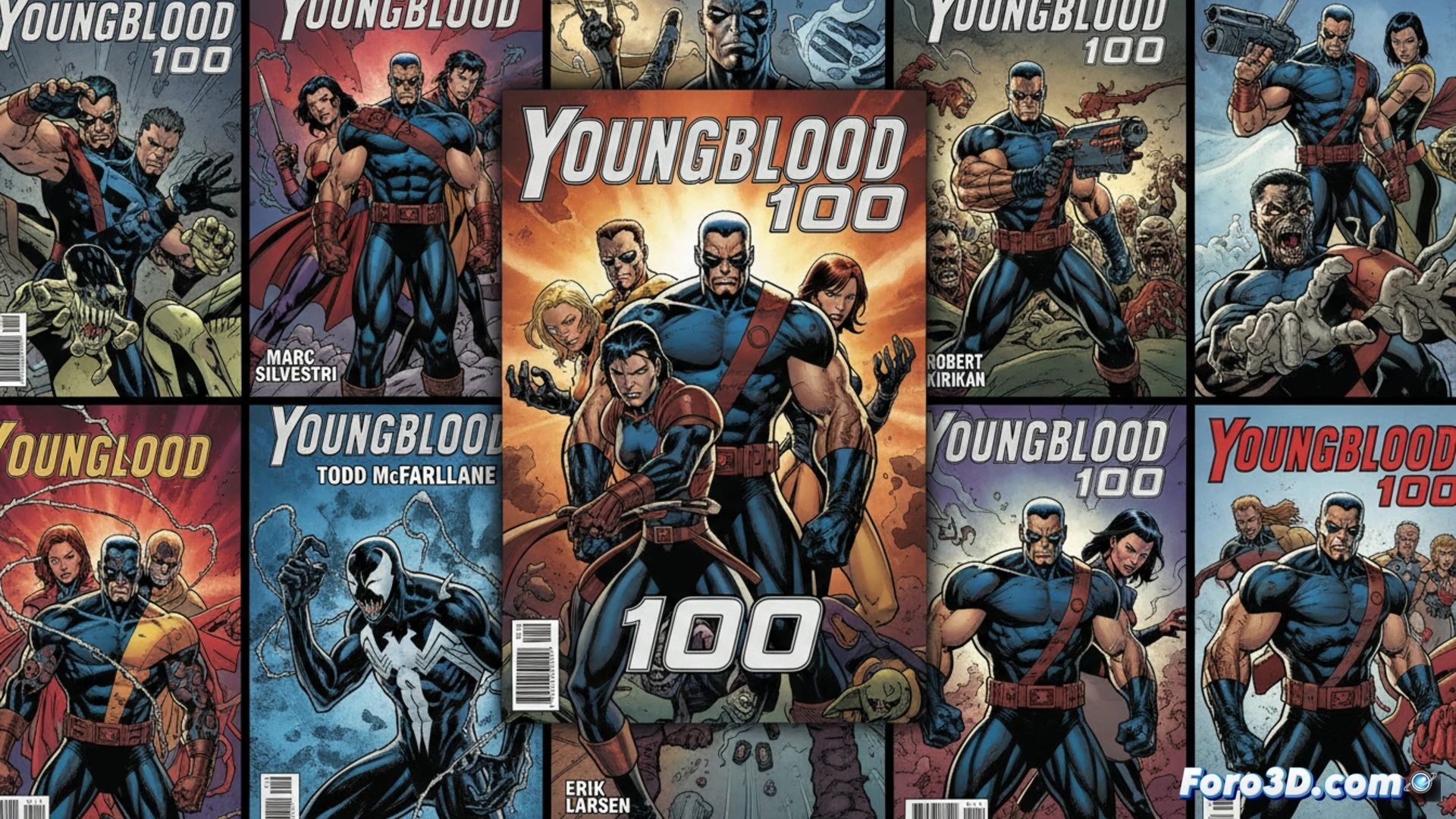 Descripción: Portadas variantes del cómic Youngblood #100, dibujadas por seis fundadores de Image Comics, incluido Todd McFarlane.