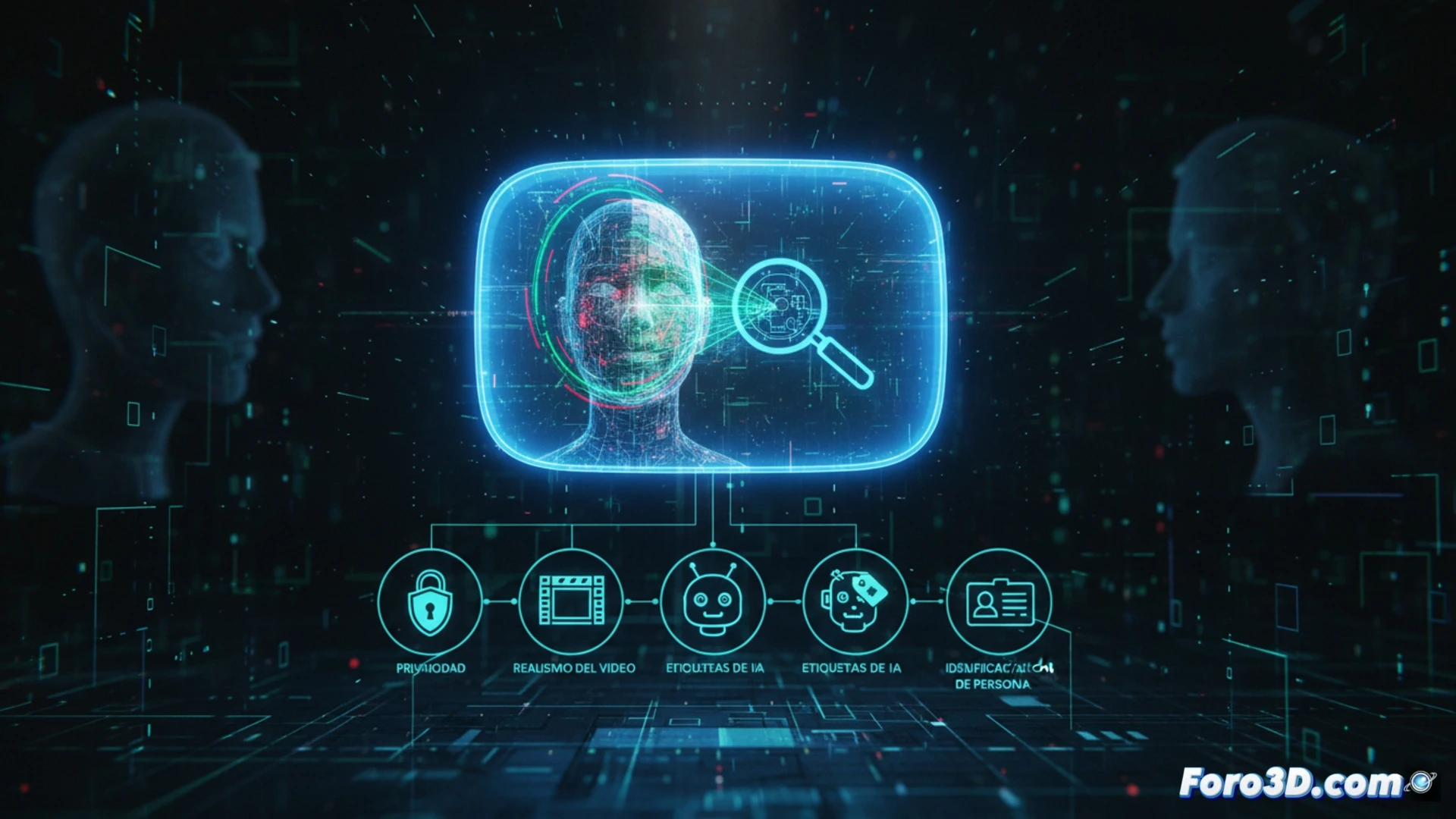 YouTube Studio dashboard interface on a monitor, a user clicking the deepfake detection request button while a suspicious video thumbnail shows blurred facial features, process of AI analysis indicated by a scanning grid over the person's face, realistic video playback with red warning overlay, privacy settings menu visible on side panel, cinematic technical illustration style, soft blue and red lighting contrasting honest and fake content, photorealistic screen reflection, detailed UI elements, modern office environment with keyboard and mouse in frame
