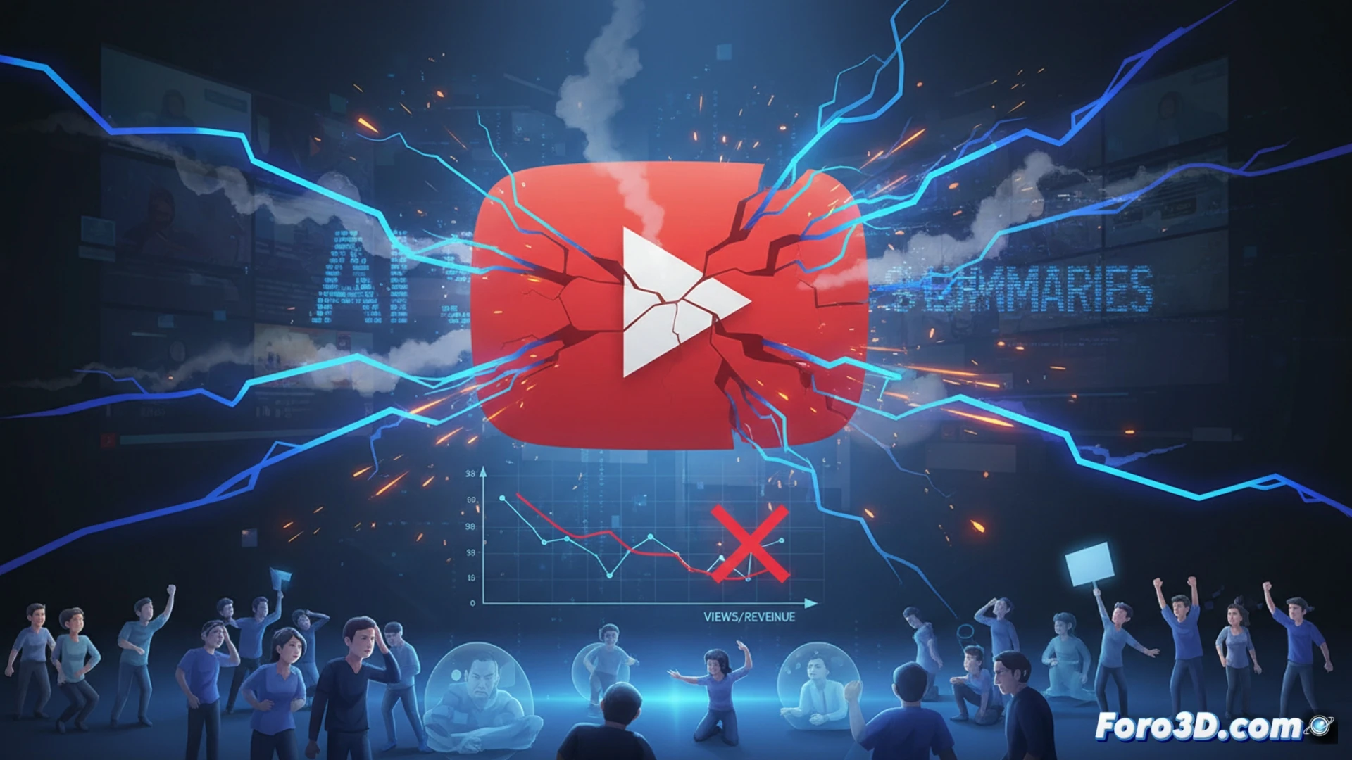 photorealistic cinematic scene of a YouTube video player interface on a large monitor, glowing blue AI summary panel expanding over the video timeline, a frustrated content creator gesturing at the screen while a robotic hand icon hovers near the play button, distorted text fragments floating from the summary box, creator’s reflection visible in the dark screen showing a worried expression, keyboard with red warning icons on keys, mouse cursor hovering over a privacy settings menu, dramatic side lighting casting shadows, ultra-detailed tech textures, dark moody studio atmosphere, high contrast digital art style