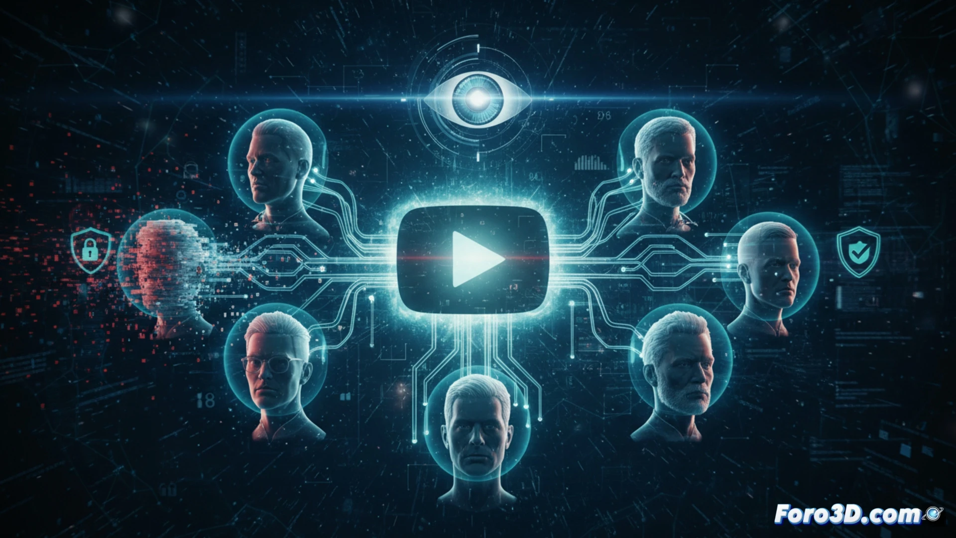 facial recognition scanner interface overlaying a YouTube video player, alert icon glowing red next to a user profile face being matched against multiple deepfake clips, AI detection algorithm lines tracing facial features in real time, photorealistic technical illustration, dark mode UI with neon blue and red highlights, cinematic lighting on a young adult user reacting while clicking a remove content request button, digital privacy shield symbol in background, ultra-detailed screen elements showing scanning process