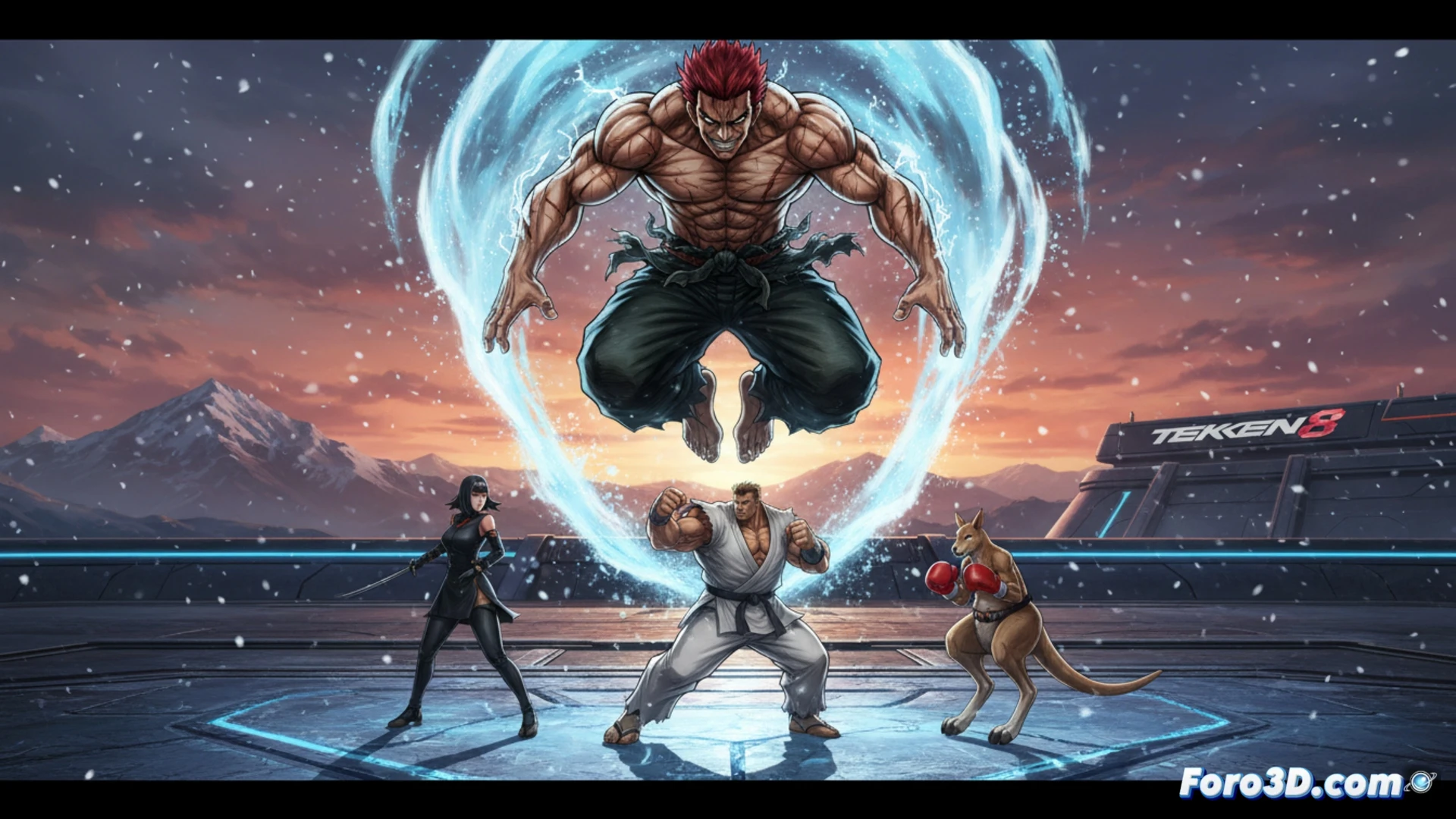 Yujiro Hanma standing in a dimly lit underground fighting arena, veins bulging on his muscular arms while delivering a devastating palm strike to a training dummy, impact shockwave distorting the air around his fist, Tekken 8 health bar interface glowing faintly in the background, motion blur on his outstretched arm, concrete floor cracking under his feet, cinematic fighting game visualization, dramatic spotlight from above casting long shadows, sweat droplets frozen mid-air, photorealistic character render with hyper-detailed muscle definition, metallic wrist wraps reflecting ambient light